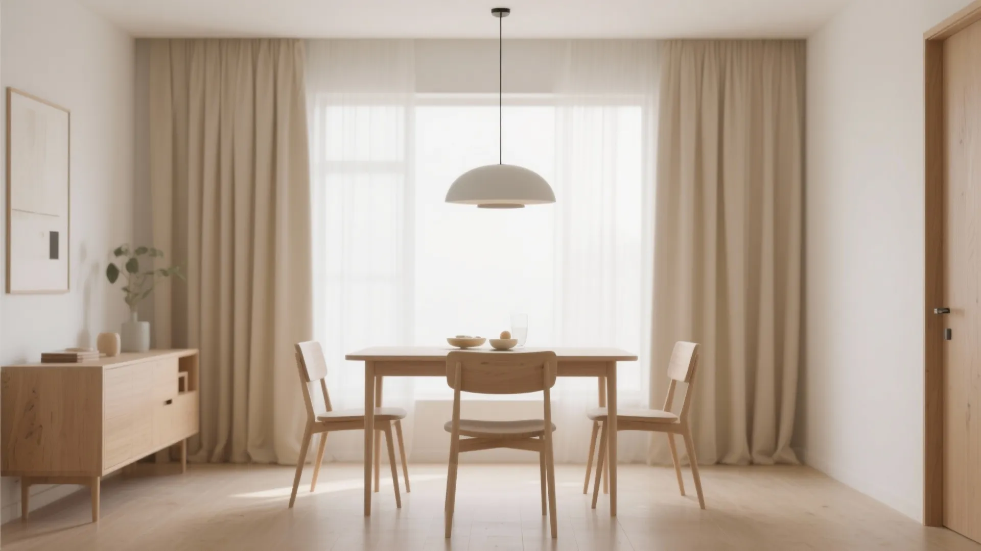 Beige curtains in a minimalist dining room