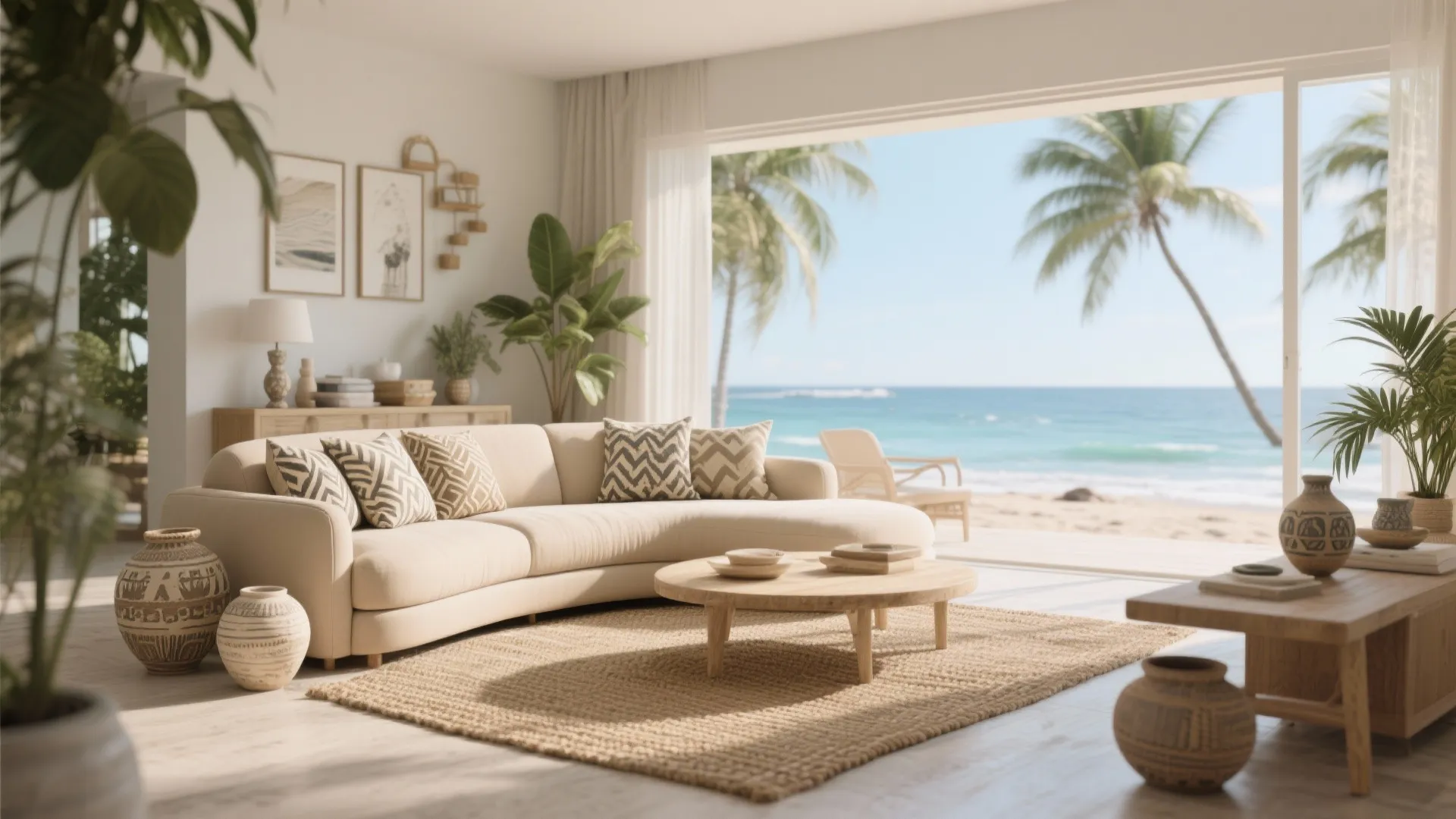 Neutral curved sofa with woven rug and patterned pillows in beachside condo