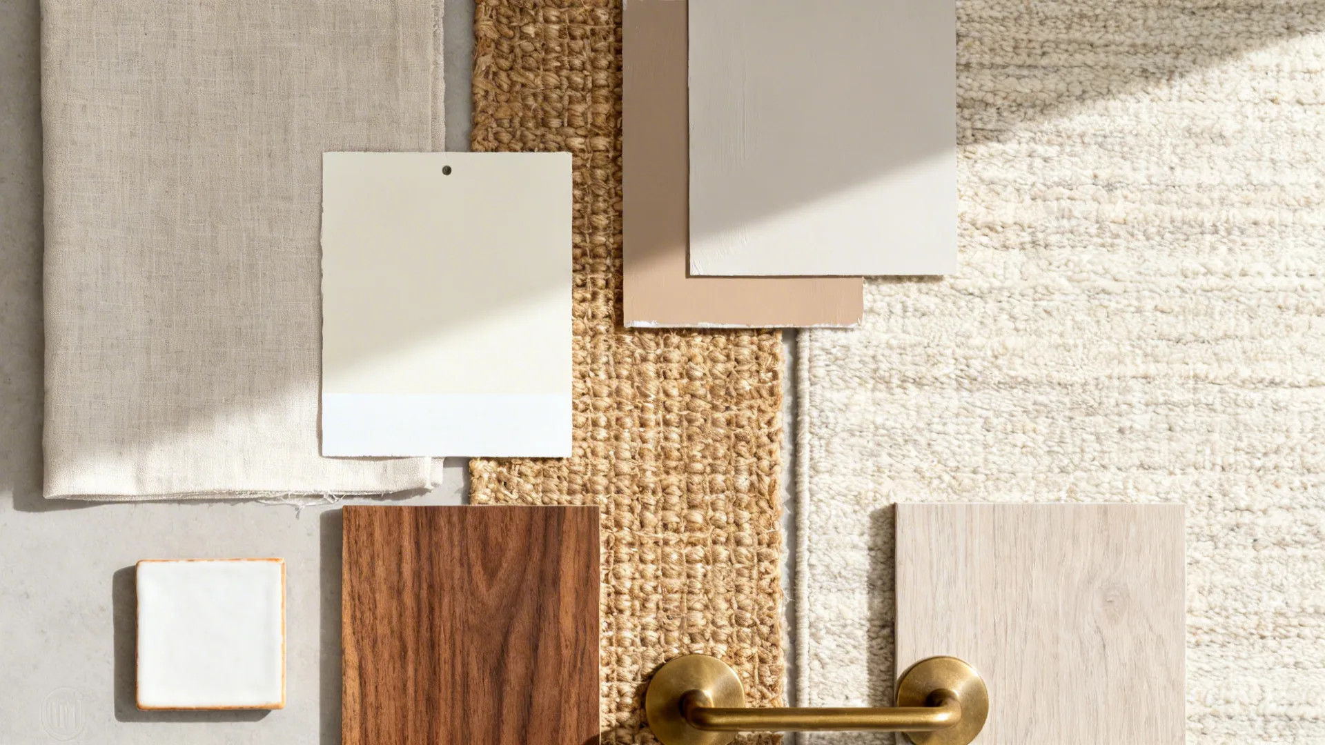 Interior design materials including wood samples fabric rug textures and small white tile with handle