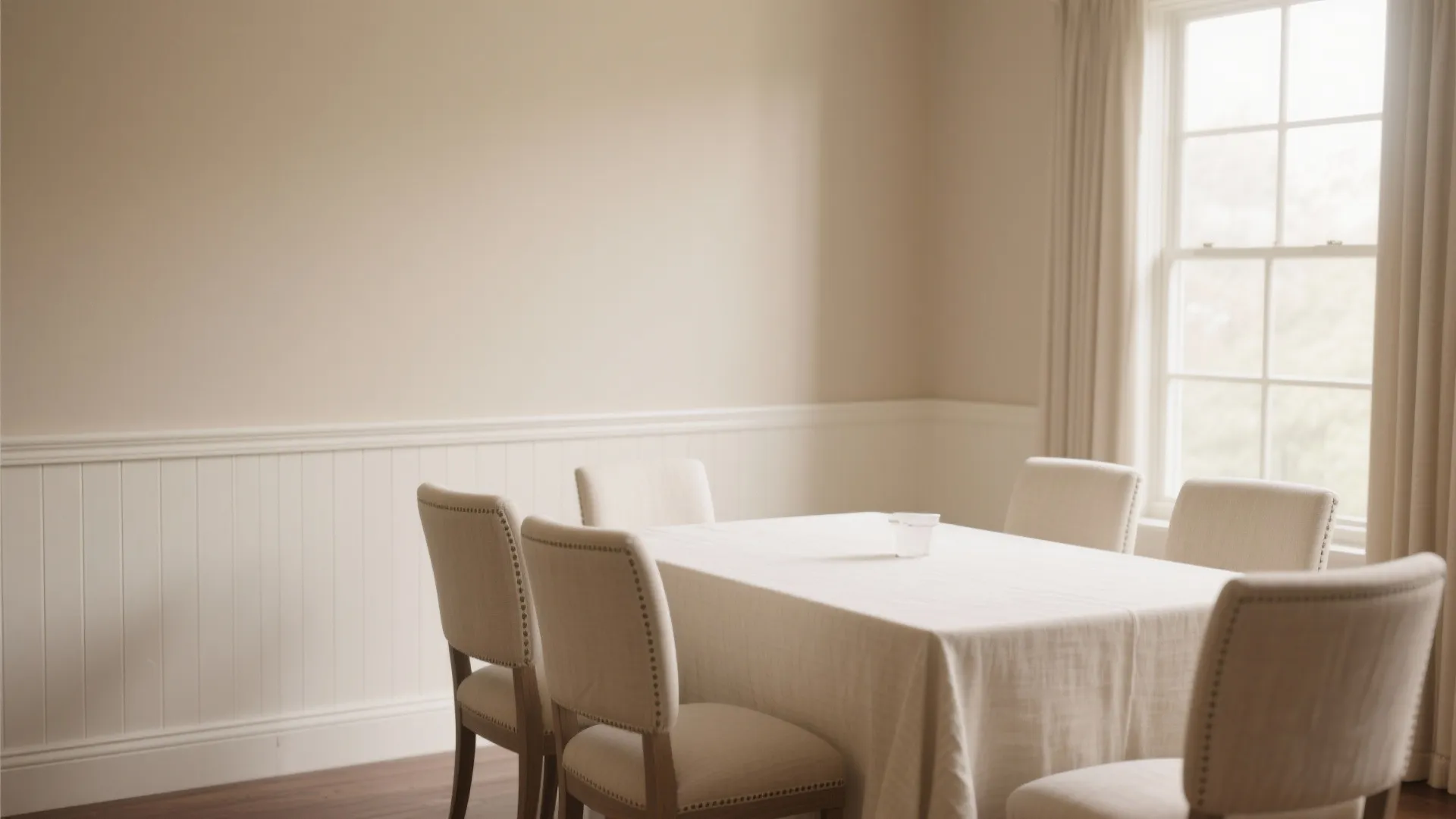 Minimalist beige dining room with white wall panel square table fabric chairs and large bright windows