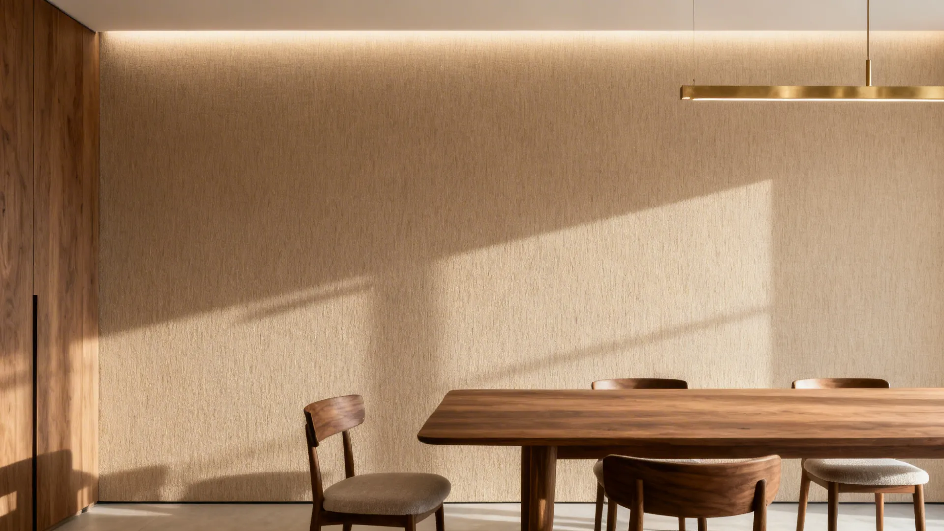 Wooden dining table and chairs set against beige textured wall with long gold ceiling light