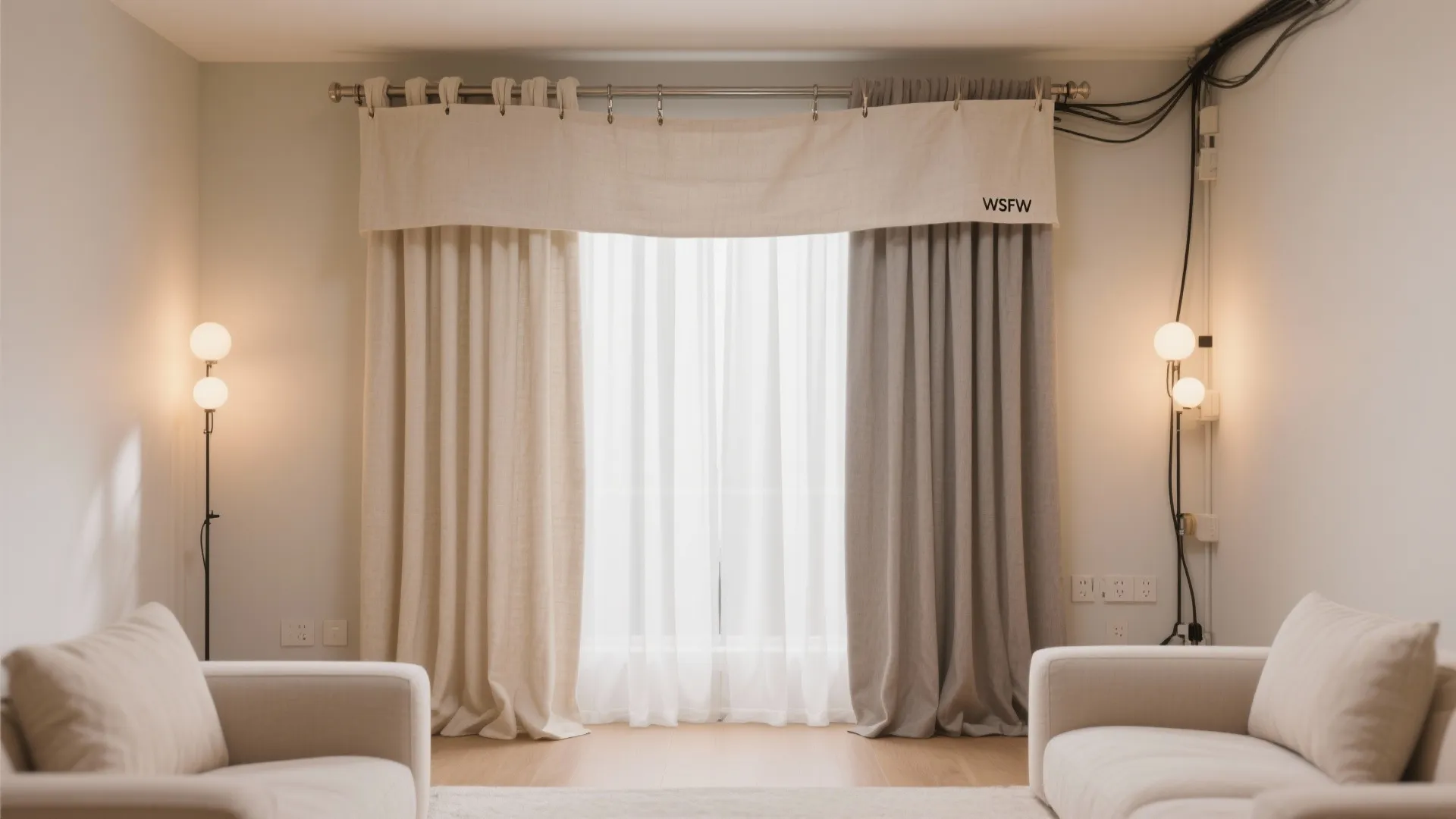 Modern living room window with beige and grey curtain two sofas and round floor lights