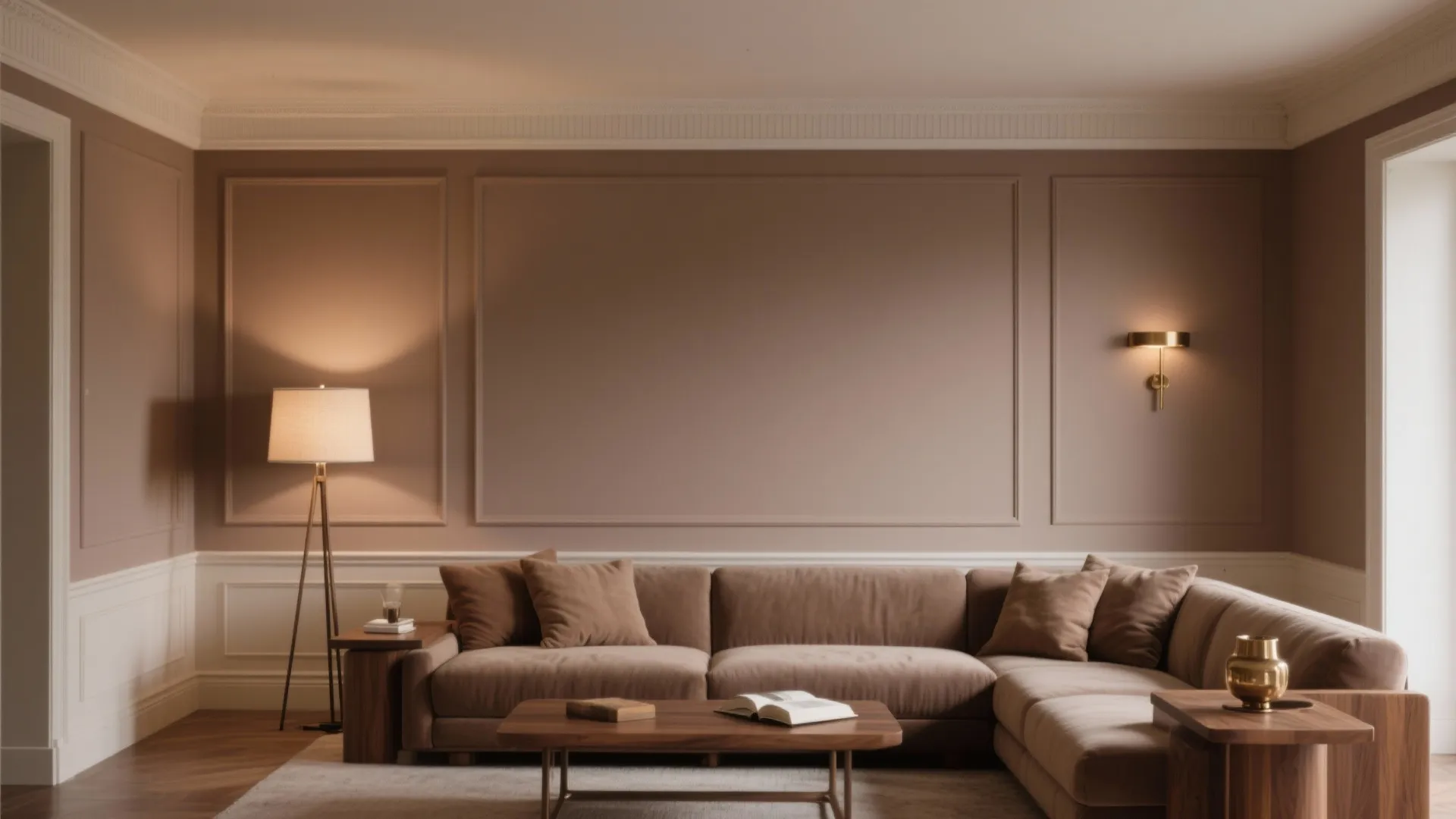 Brown living room with large sofa, coffee table, floor lamp, wall light, and wall paneling