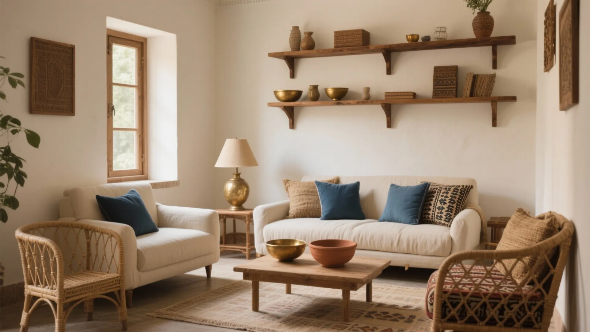Cozy living room with white sofa, rattan chairs, wooden wall shelves, and a large window