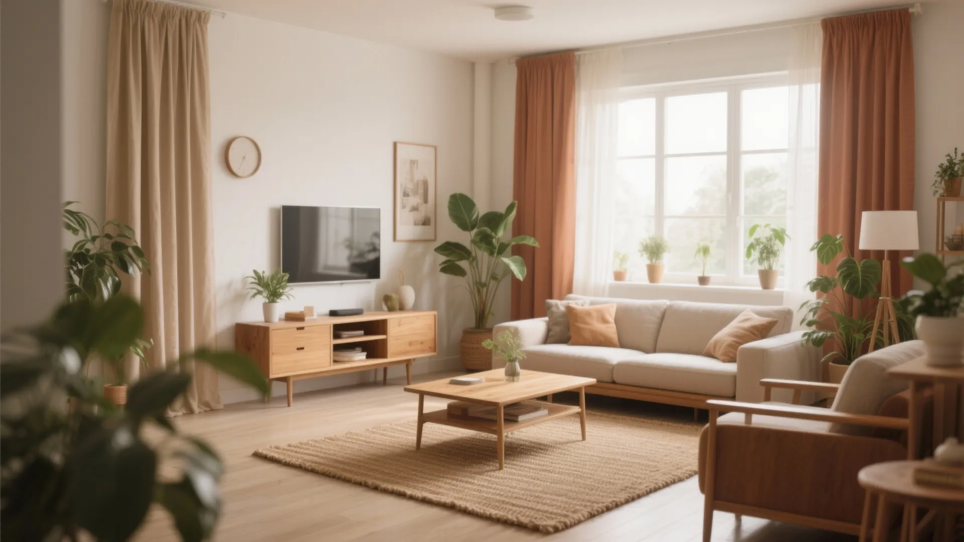 Bright living room with beige curtains orange curtains white sofa wooden coffee table and plants