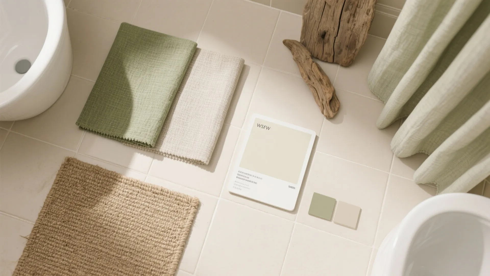 Interior design mood board featuring green fabric beige rug wood piece and color swatches on floor