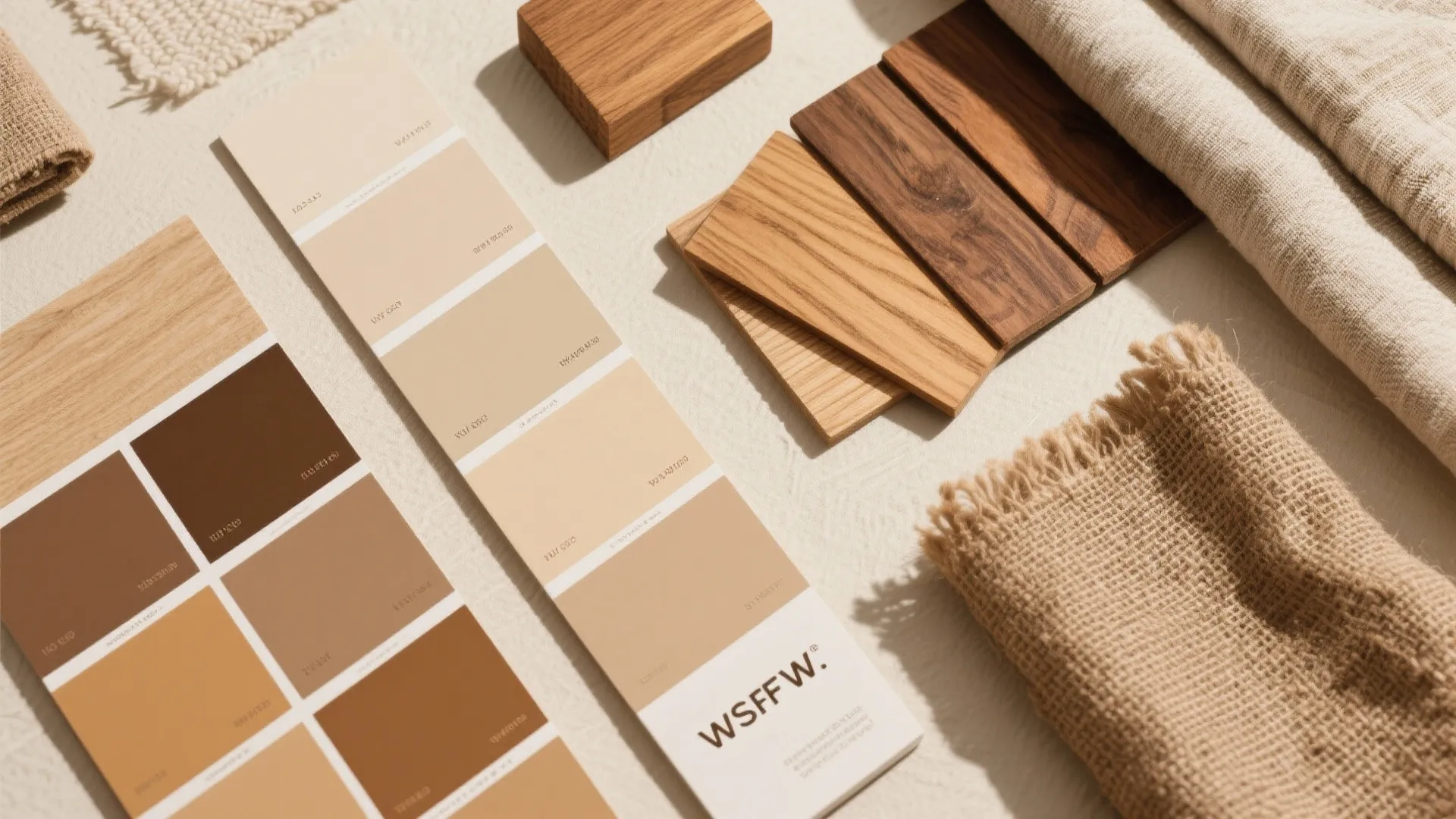 Color palette cards with brown and beige shades next to wood samples and fabric materials
