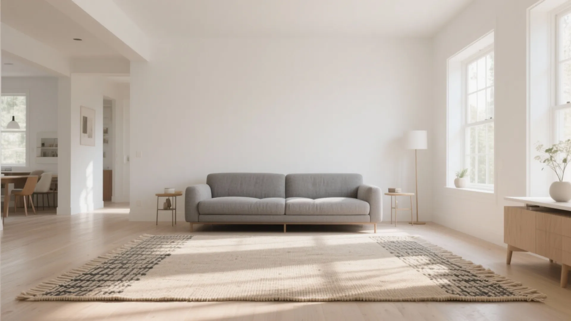 Minimalist living room with grey sofa beige patterned rug white walls and bright natural light