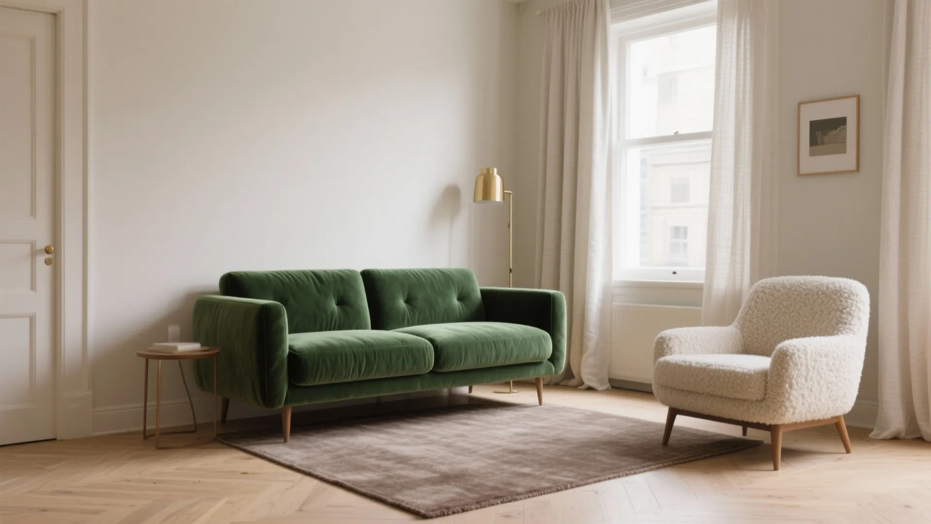 Modern living room with green sofa, white armchair, brown rug, window with curtains, and lamp