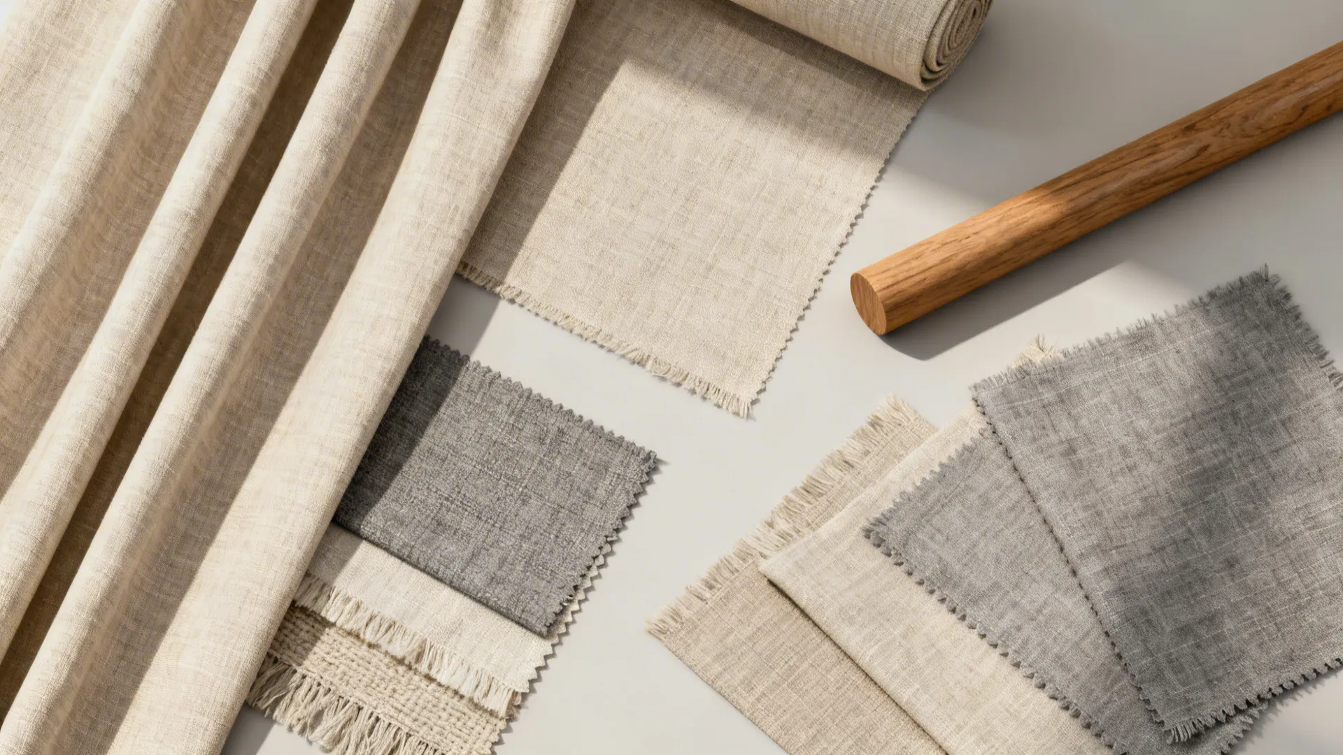 Collection of beige and grey fabric swatches for curtains and sofa upholstery with wooden rod