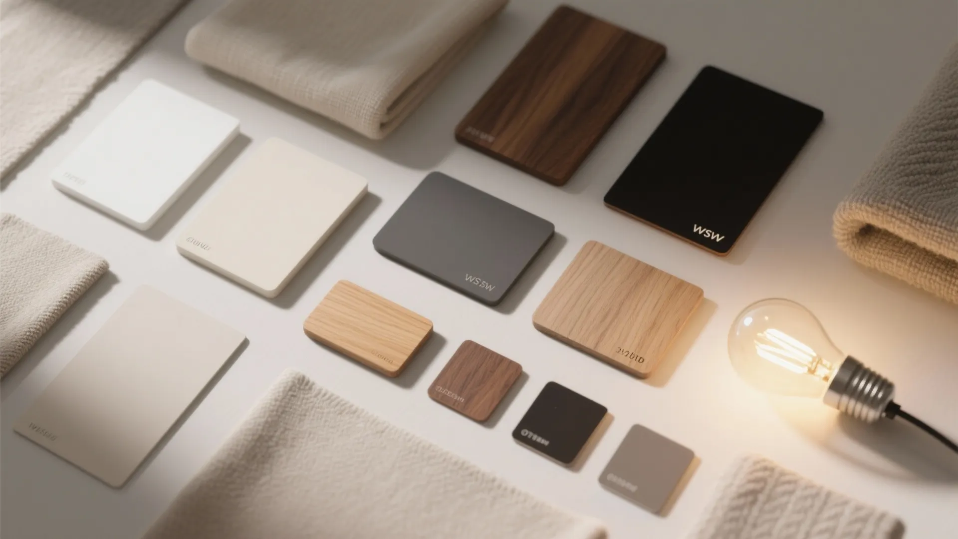 Interior design material board with wood samples color cards fabric and a glowing light bulb