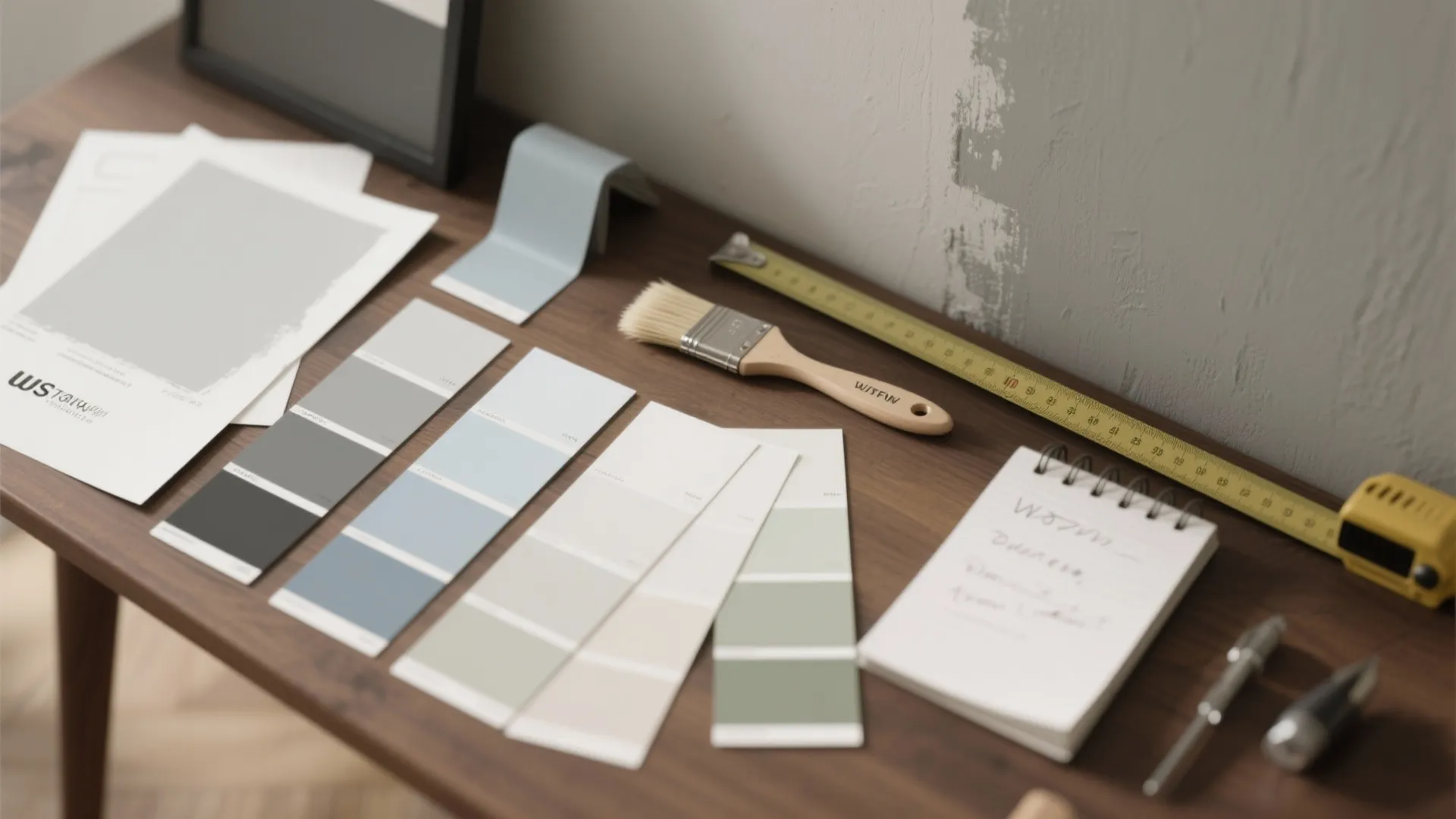 Top-down flatlay of neutral paint swatches, brush, sample wall strips and notes illustrating color testing and undertones.