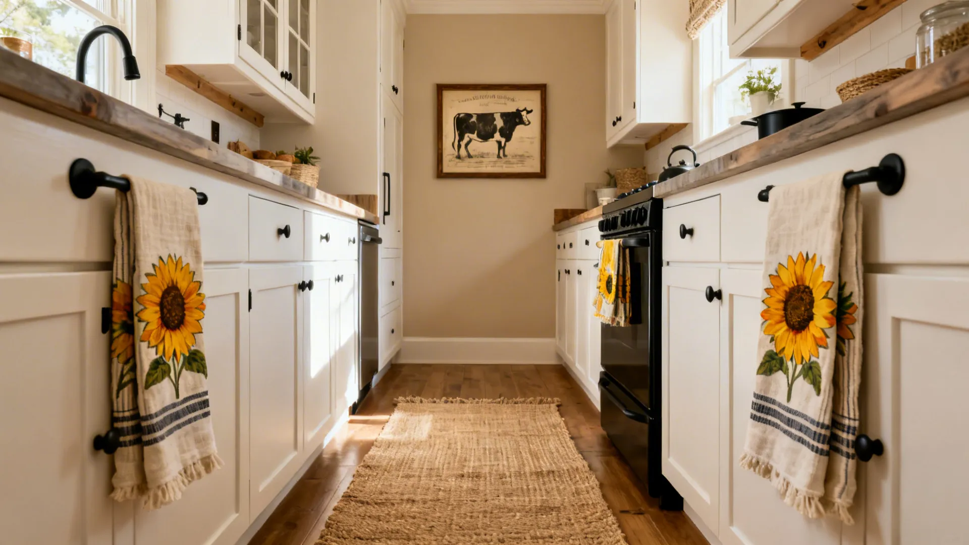 Neutral galley kitchen with sunflower textiles and a framed cow print.