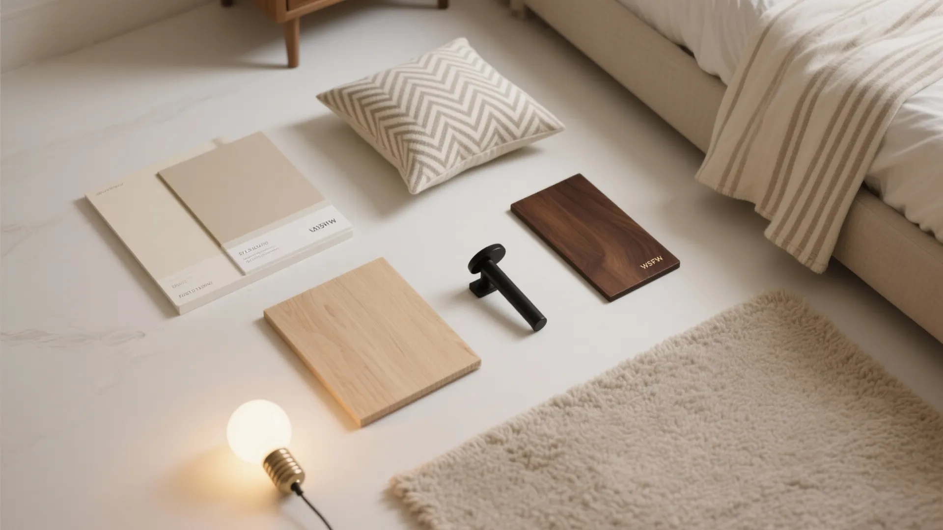 Interior design materials including wood samples color swatches textured pillow and light bulb on floor