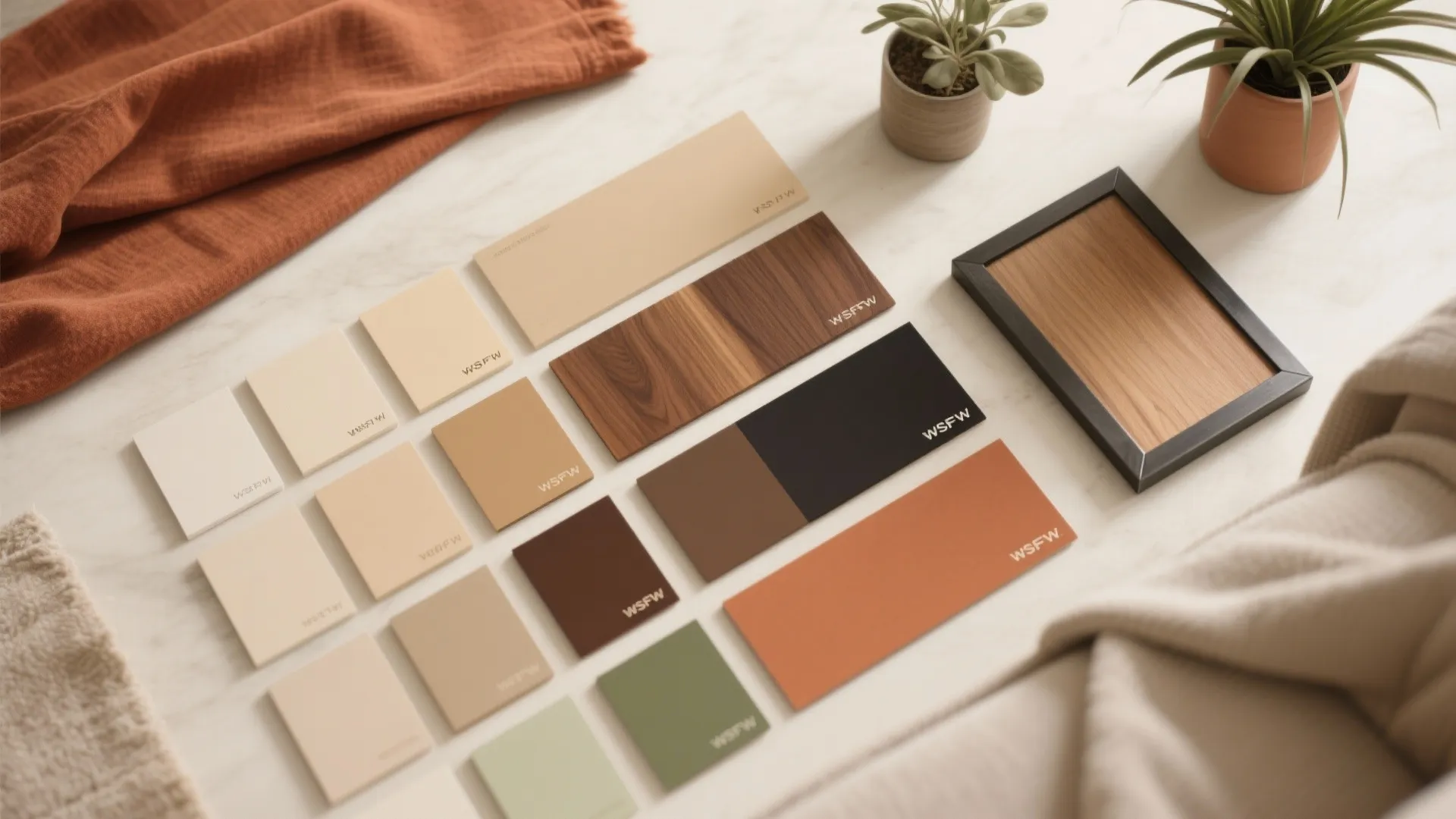 Interior design color samples wood swatches fabric and two small potted green plants on marble