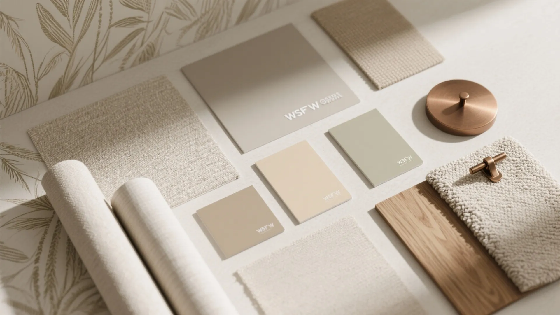 Interior design material board with fabric swatches paint colors wood samples and copper hardware pieces