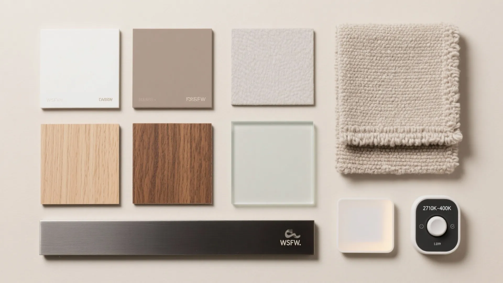 Flat lay of interior design materials including wood samples fabric texture and a light switch