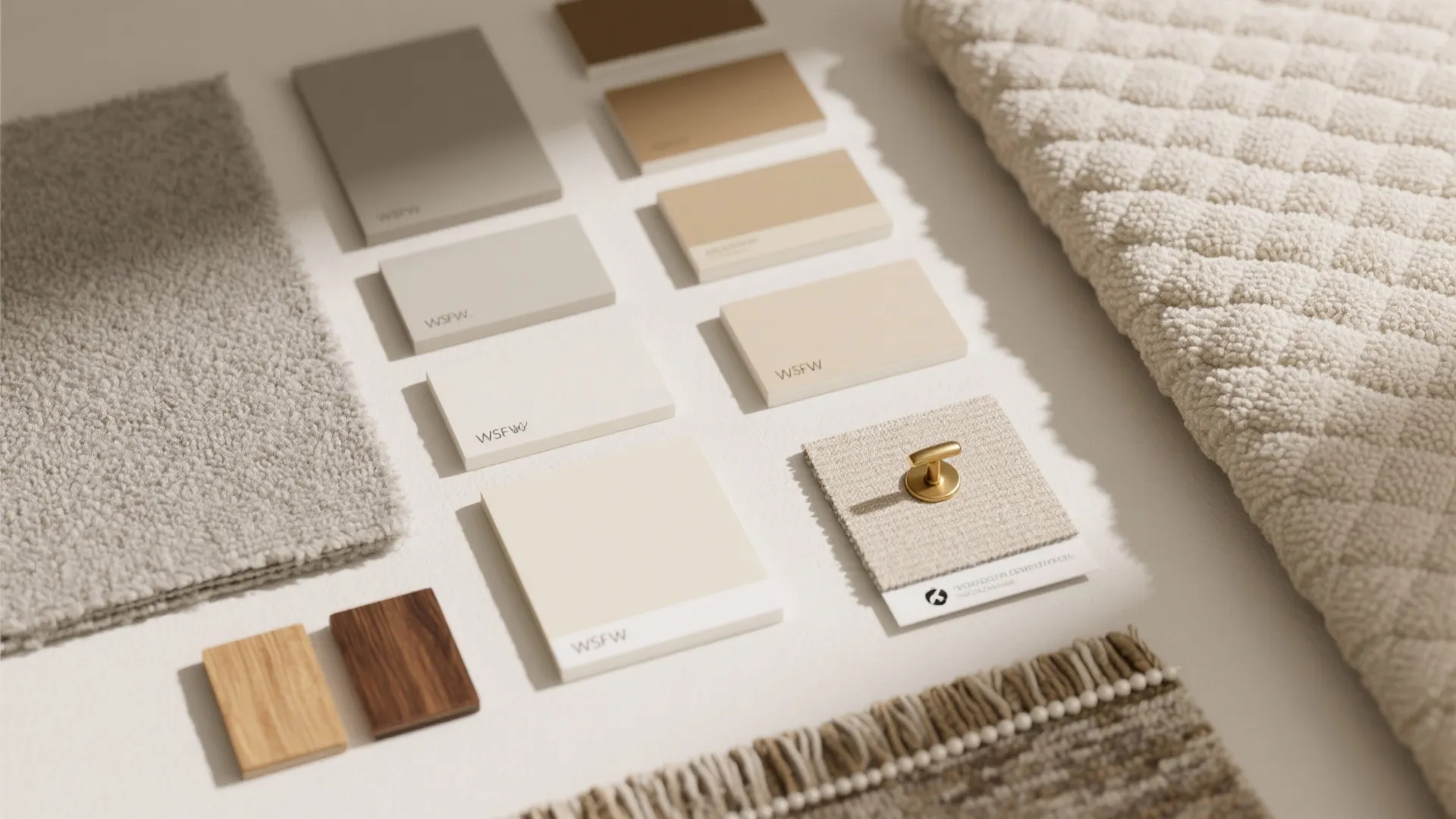 Interior design mood board with neutral color swatches, wood samples, fabric textures, and gold handle