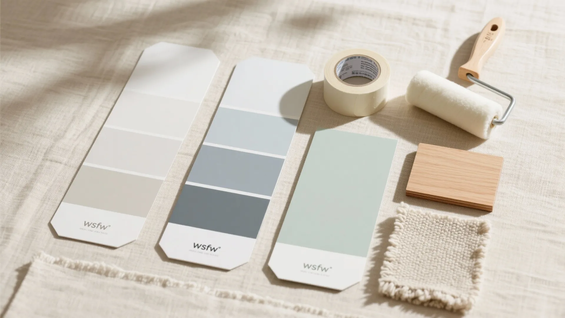 Interior design materials including paint color cards wood samples paint roller and tape on linen fabric