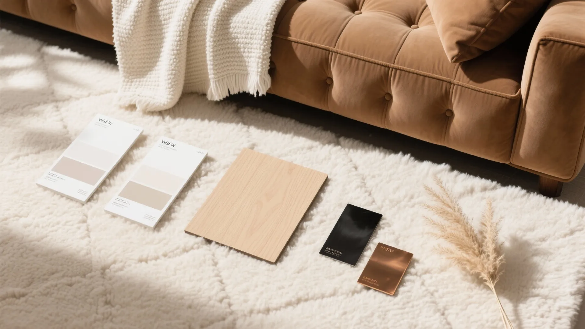 Interior design material samples on white rug with brown sofa and light wooden floor board