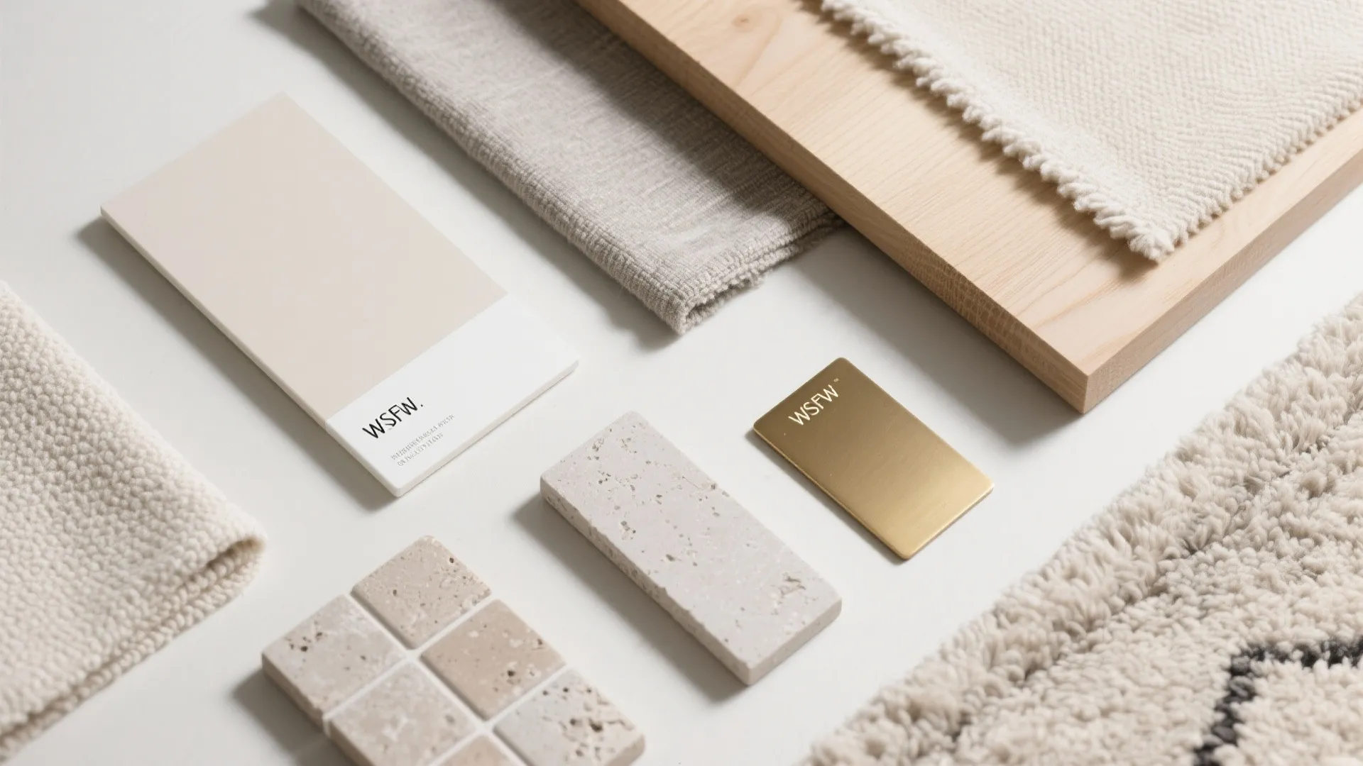 Neutral palette flat lay with off-white paint, bouclé and linen swatches, pale oak wood, stone-look tile, and brass finish.