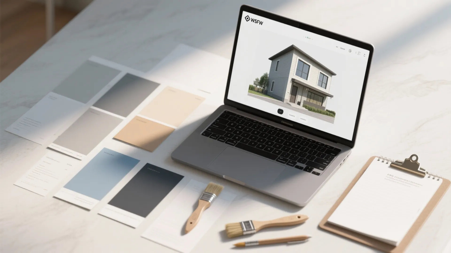 Laptop showing house design sitting on desk with color swatches paint brushes and a clipboard