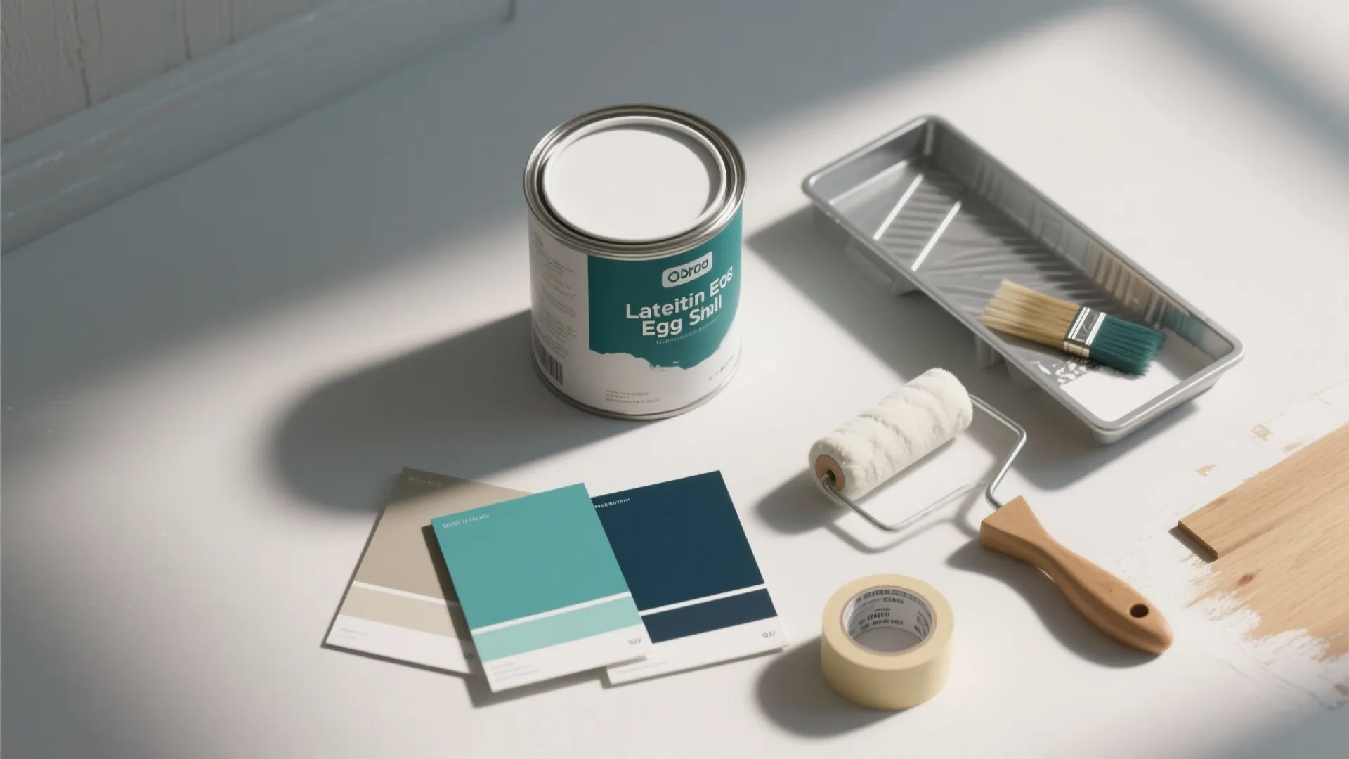 Top-down flatlay of paint swatches, an eggshell paint can, brush, roller and wood sample for choosing a neutral base.