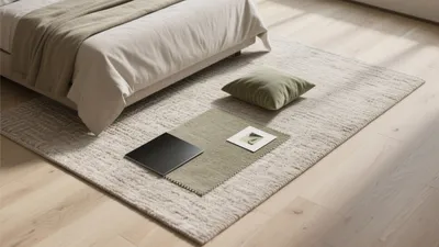 Serene Bedroom with Natural Textures and Soft Green Accent