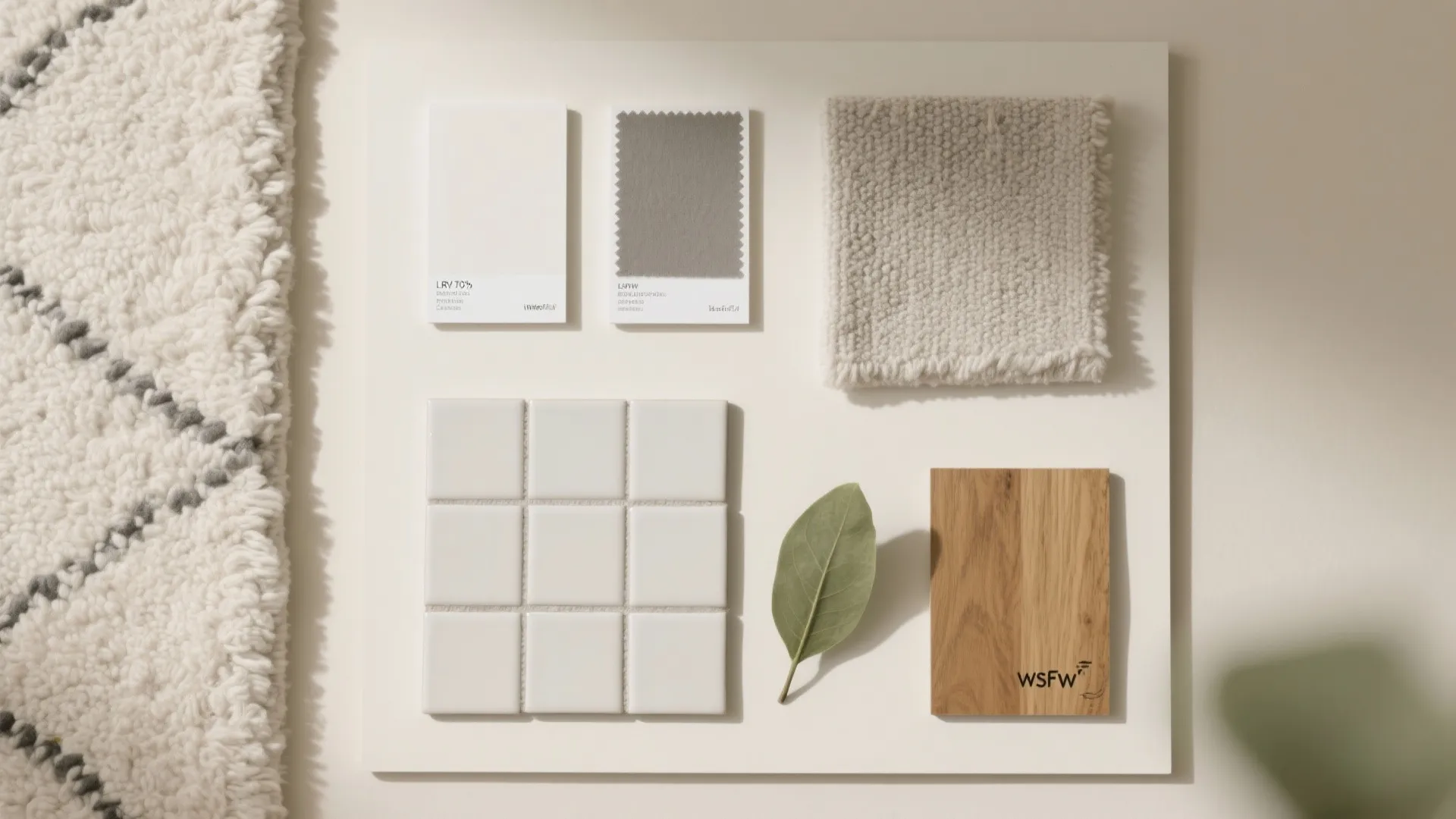 Interior design mood board with white tiles wood sample fabric swatches and a green leaf decoration