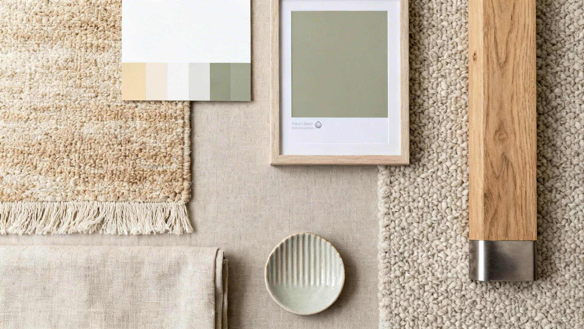 Flat lay of warm white and greige paints with linen, bouclé, oak, and brushed metal samples.