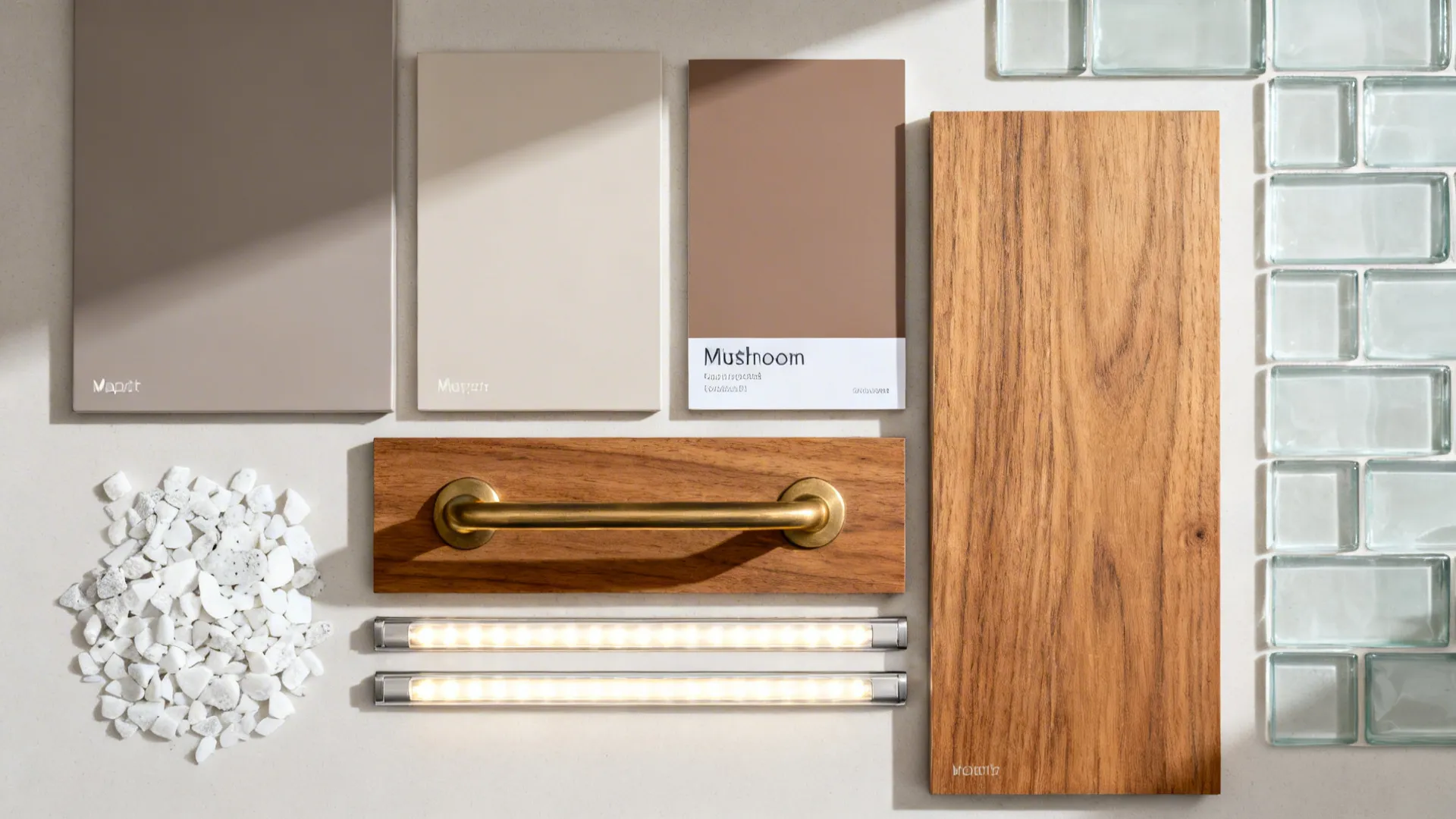 Top-down palette with matte taupe paint boards, brass hardware, oak, quartz, and glass tile.