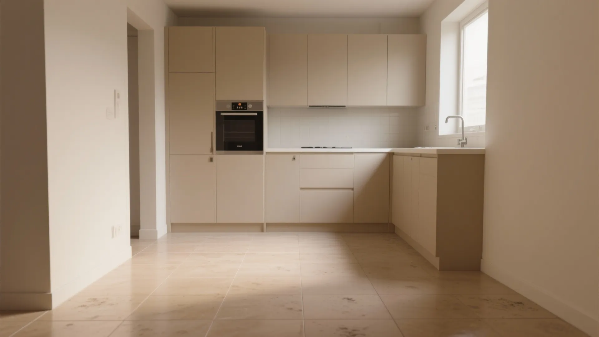 Modern cream kitchen with beige cabinets and white tiled wall and floor and natural light