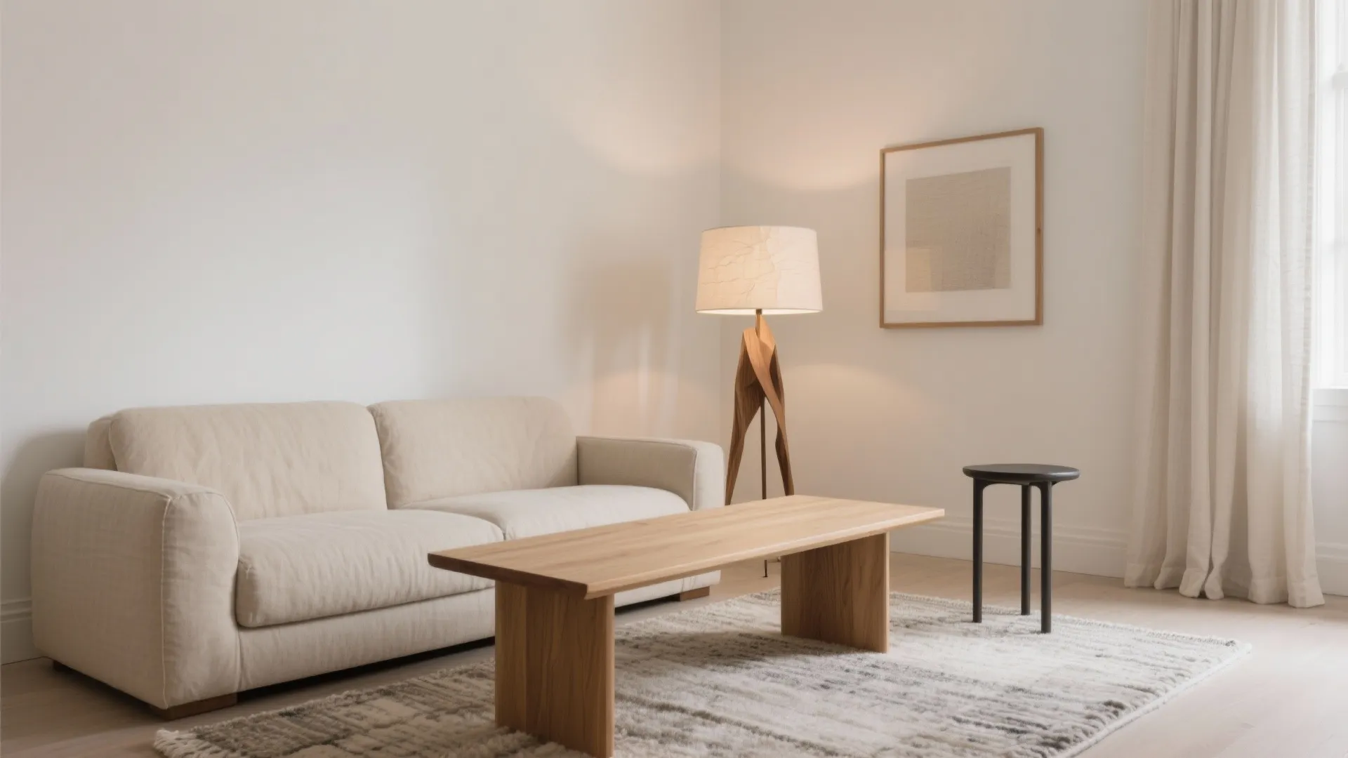 Minimalist living room with beige sofa wooden coffee table floor lamp framed art and white curtains