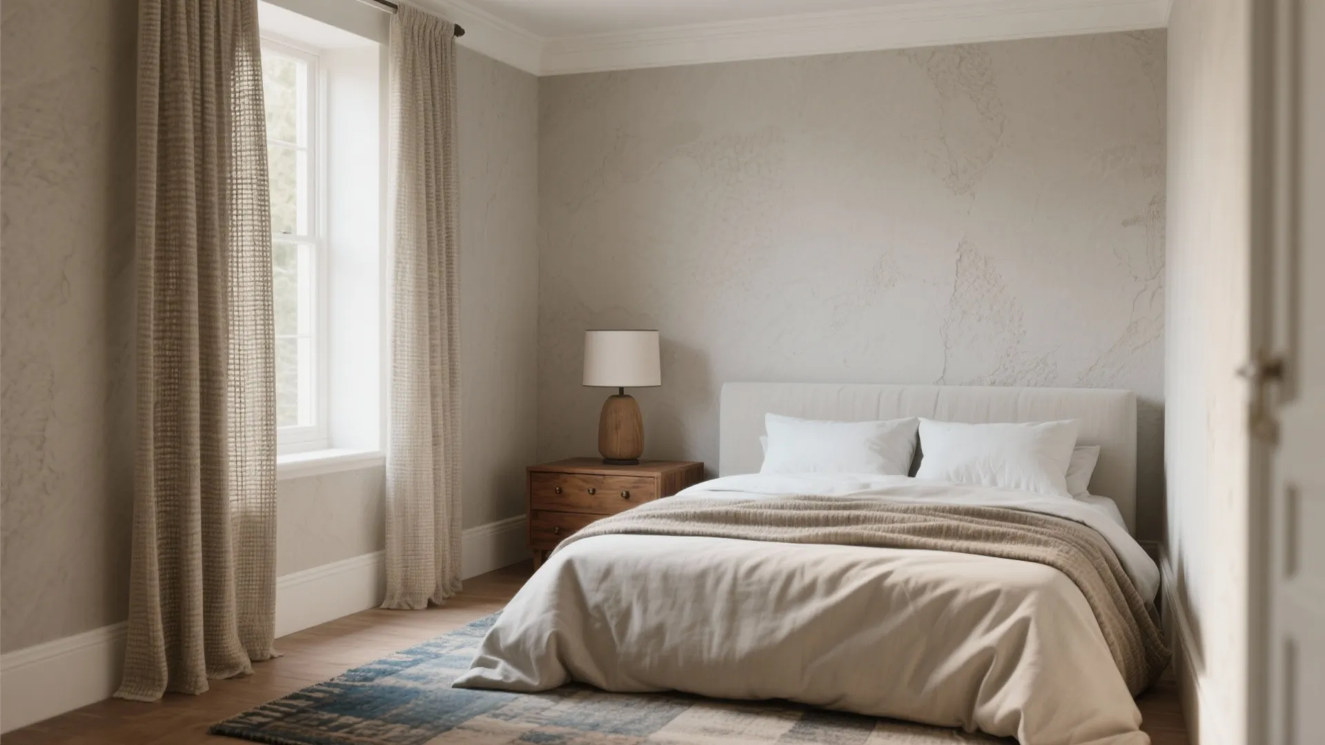 Small bedroom with warm greige walls, layered rugs and linen textiles creating a calm neutral foundation.