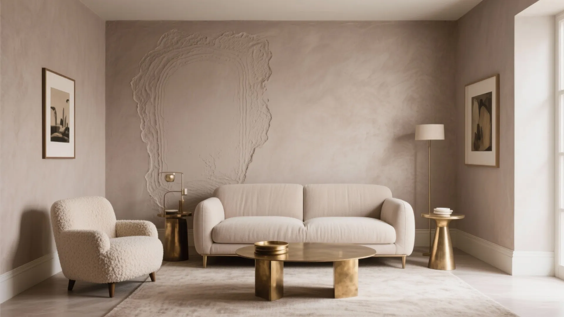 Neutral taupe living room with Venetian plaster wall and layered textures.
