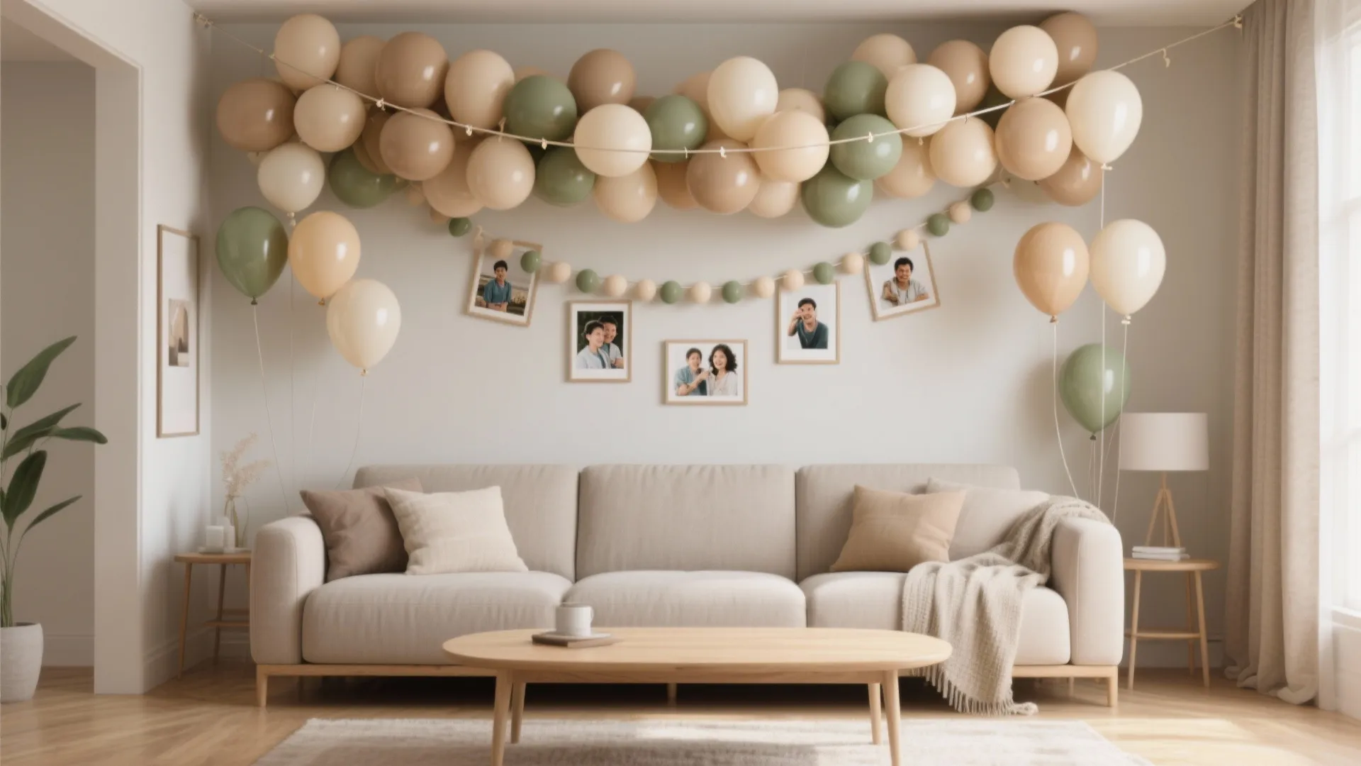 Soft Neutral Balloon Garland Over the Sofa