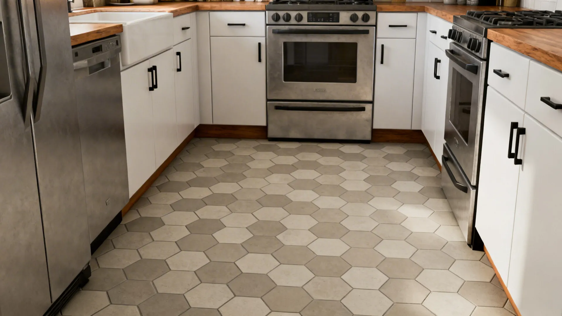 Kitchen with muted neutral geometric hex tile floor and white cabinets.