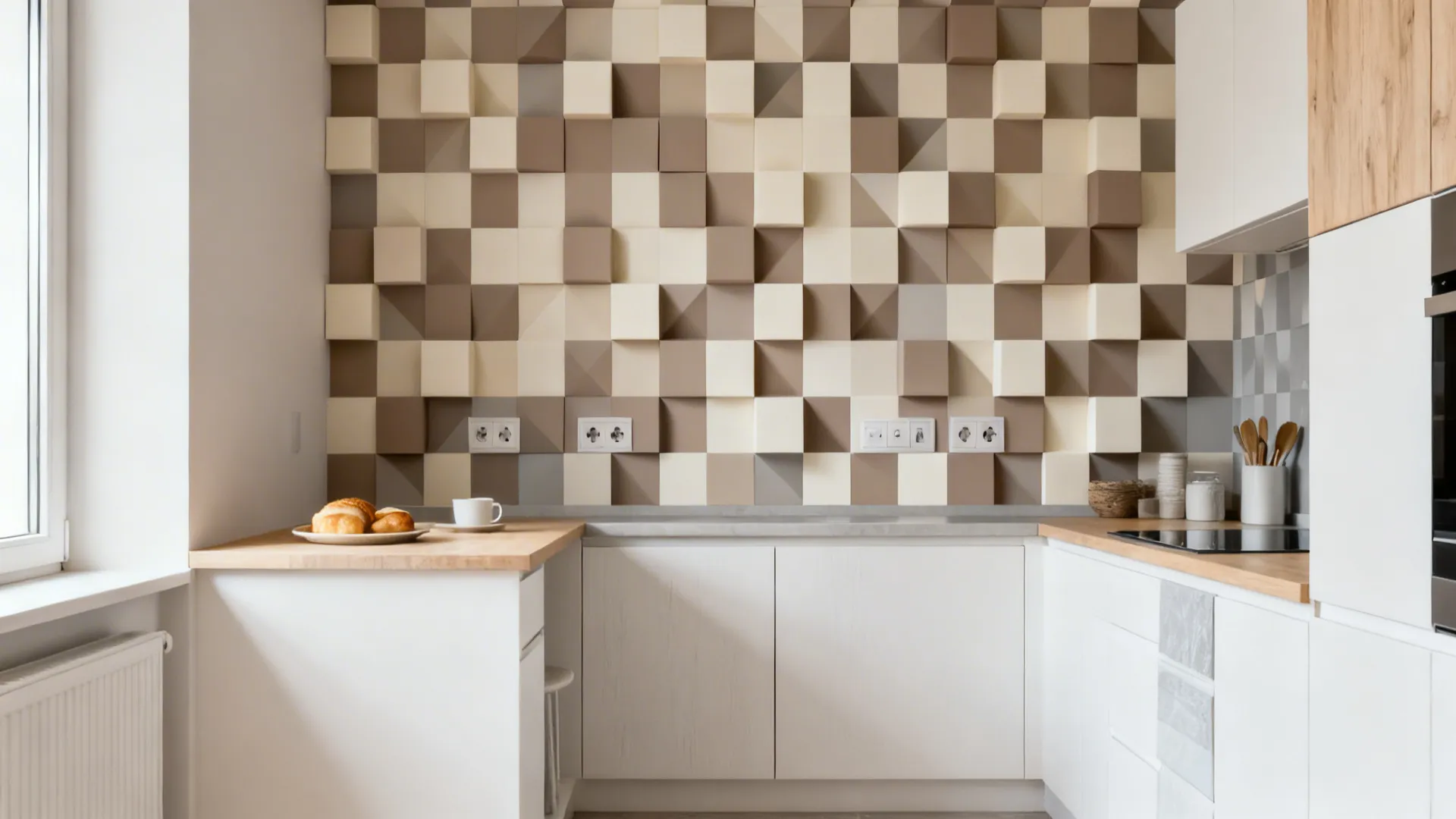 Neutral taupe-and-ivory cube pattern creates depth on a kitchenette wall.