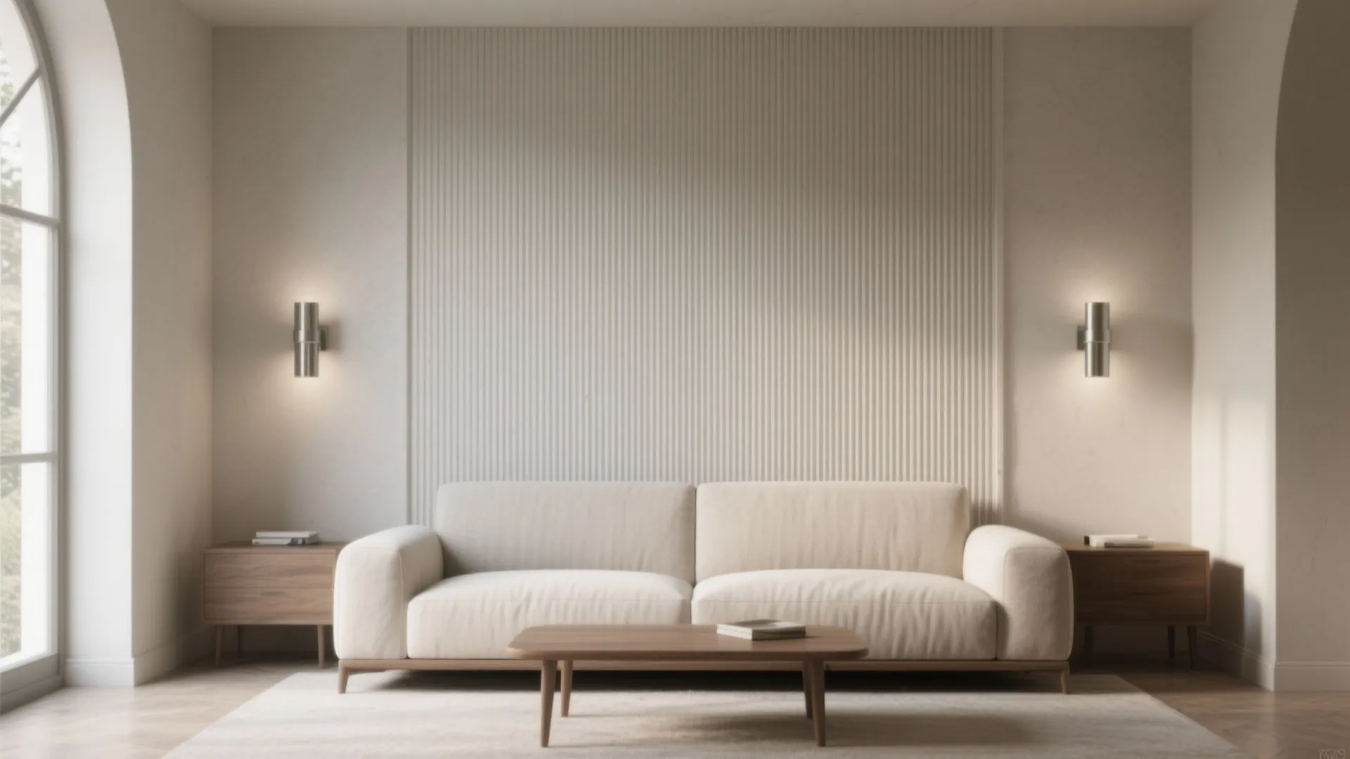 Minimalist living room featuring beige sofa vertical wall panel wooden coffee table and wall lights