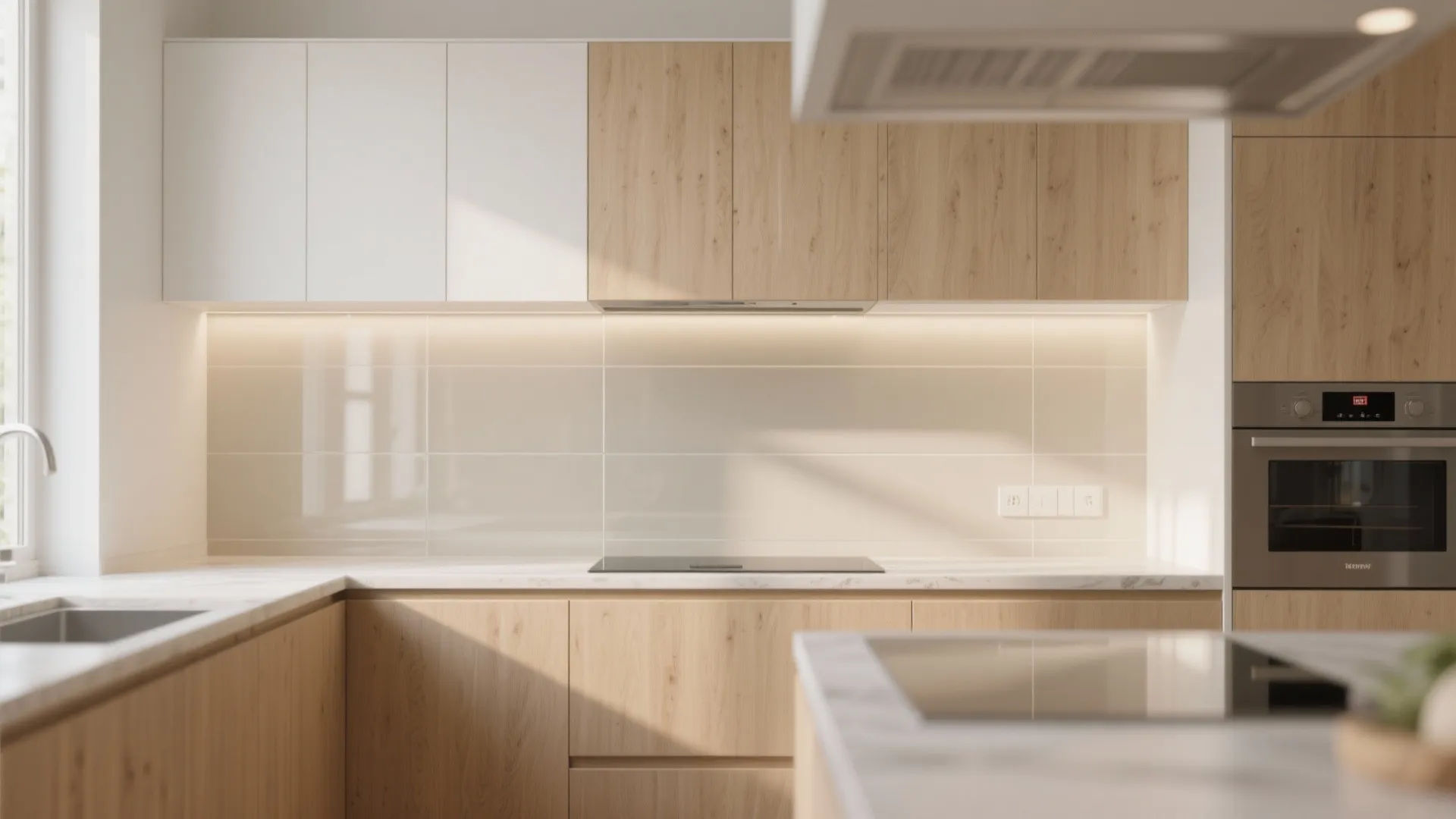 Modern kitchen featuring light wood cabinets white upper cupboards neutral glass wall and marble counter top