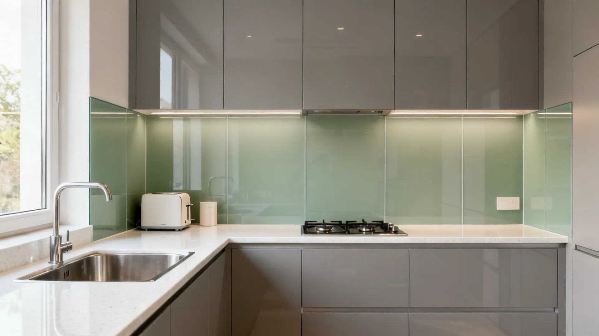 Warm gray back painted glass backsplash in a compact Mumbai kitchen for easy cleaning.