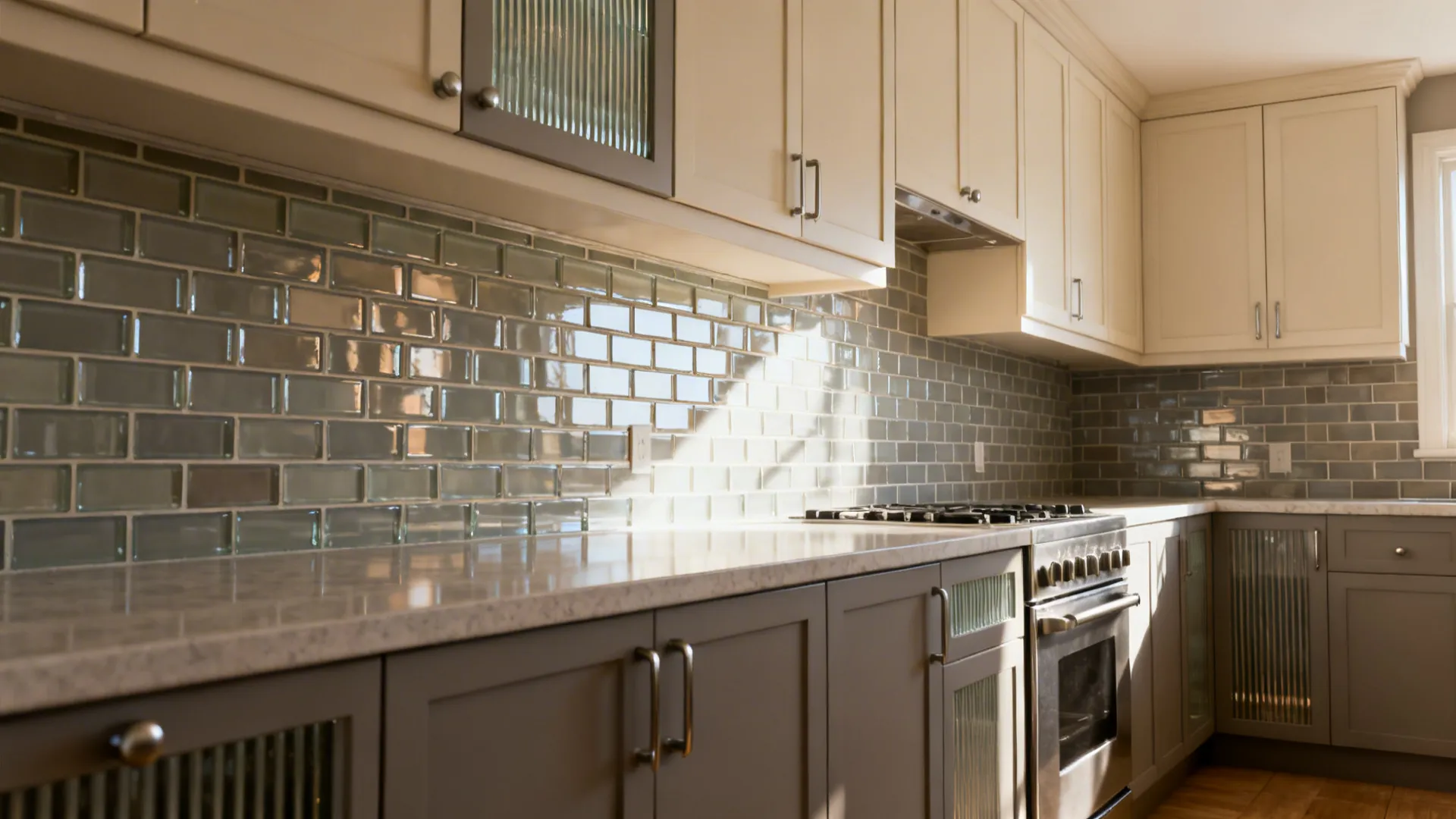 Warm neutral glass mosaic backsplash in taupe and gray brightening a small kitchen.