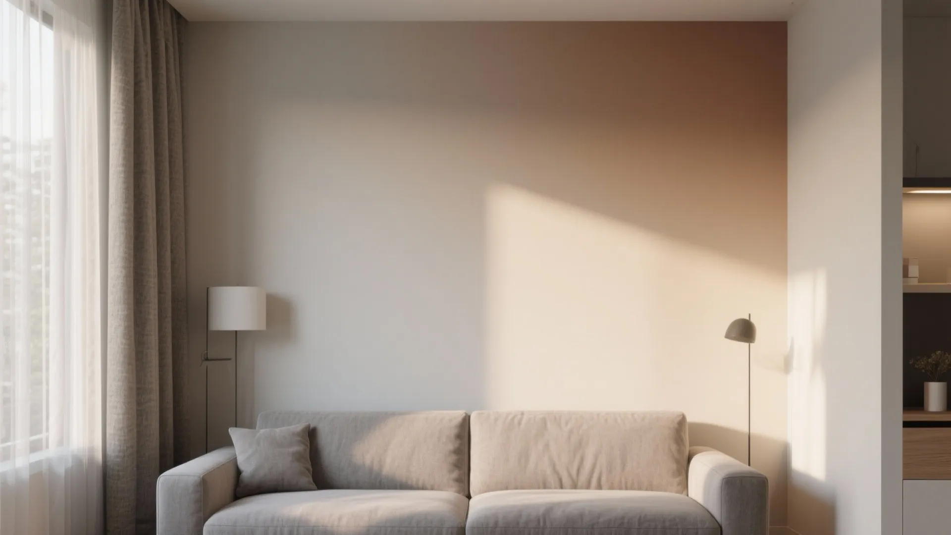 Modern living room featuring a neutral gradient wall with light brown sofa and floor lamps