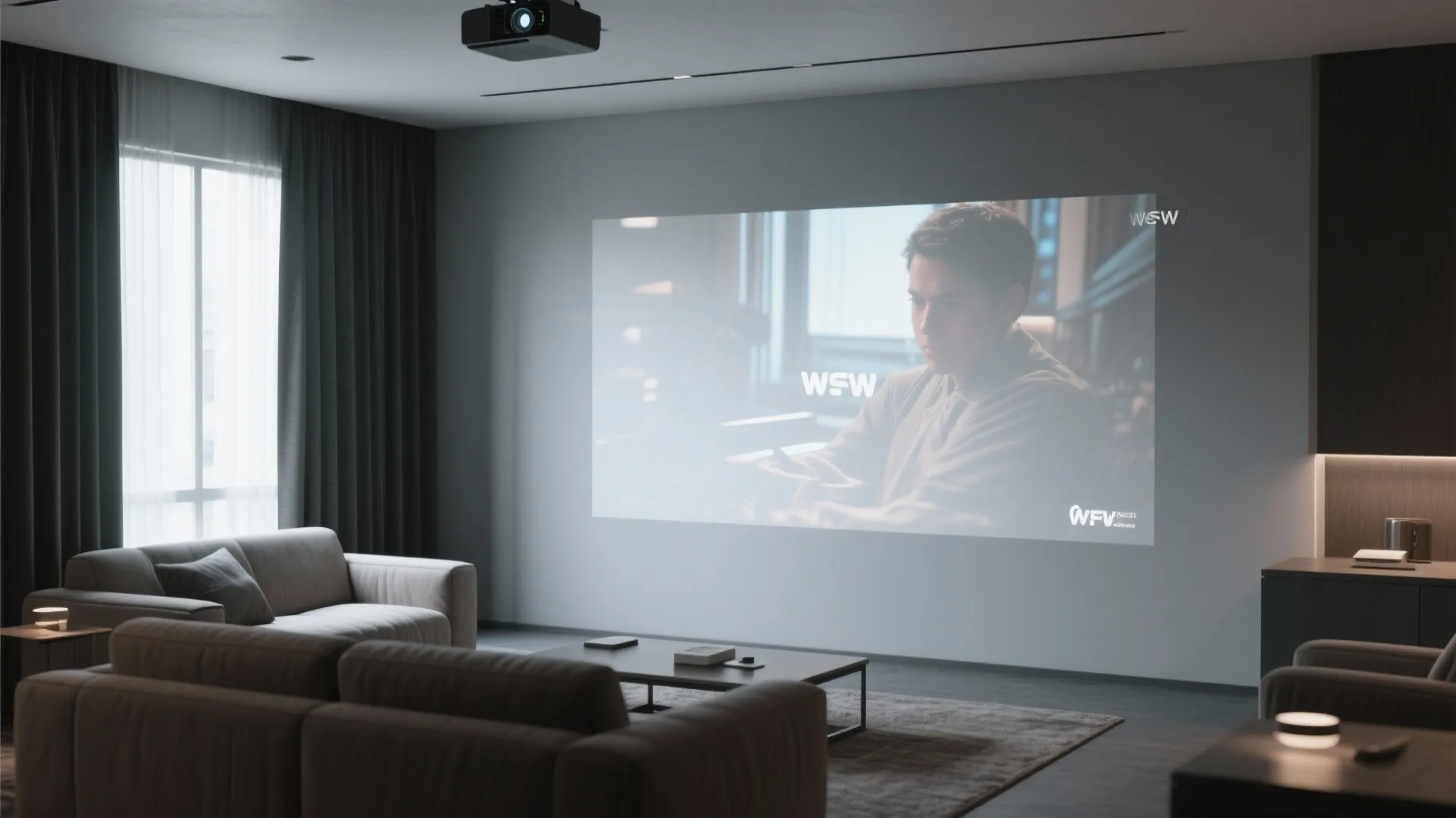 Home theater room with ceiling light projector movie on wall grey sofa and coffee table