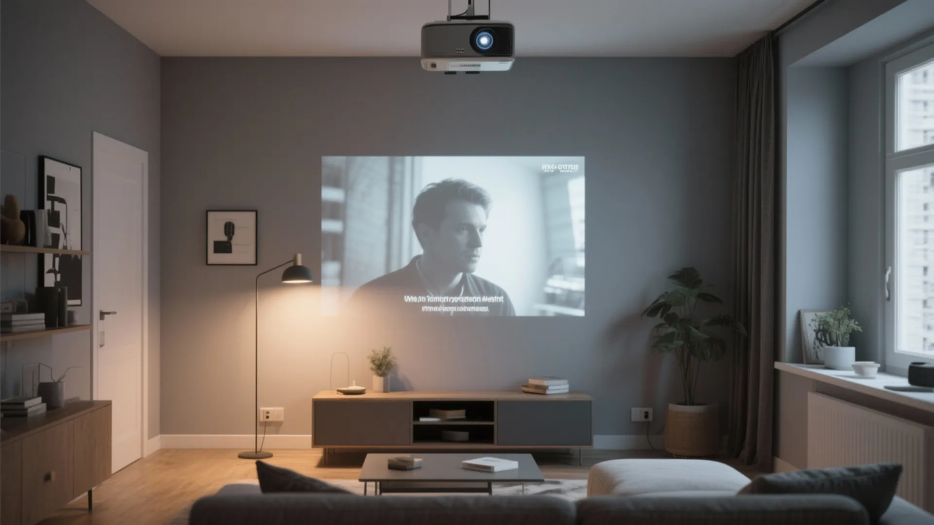 Modern living room with gray walls plus a ceiling light projecting onto the wall surface