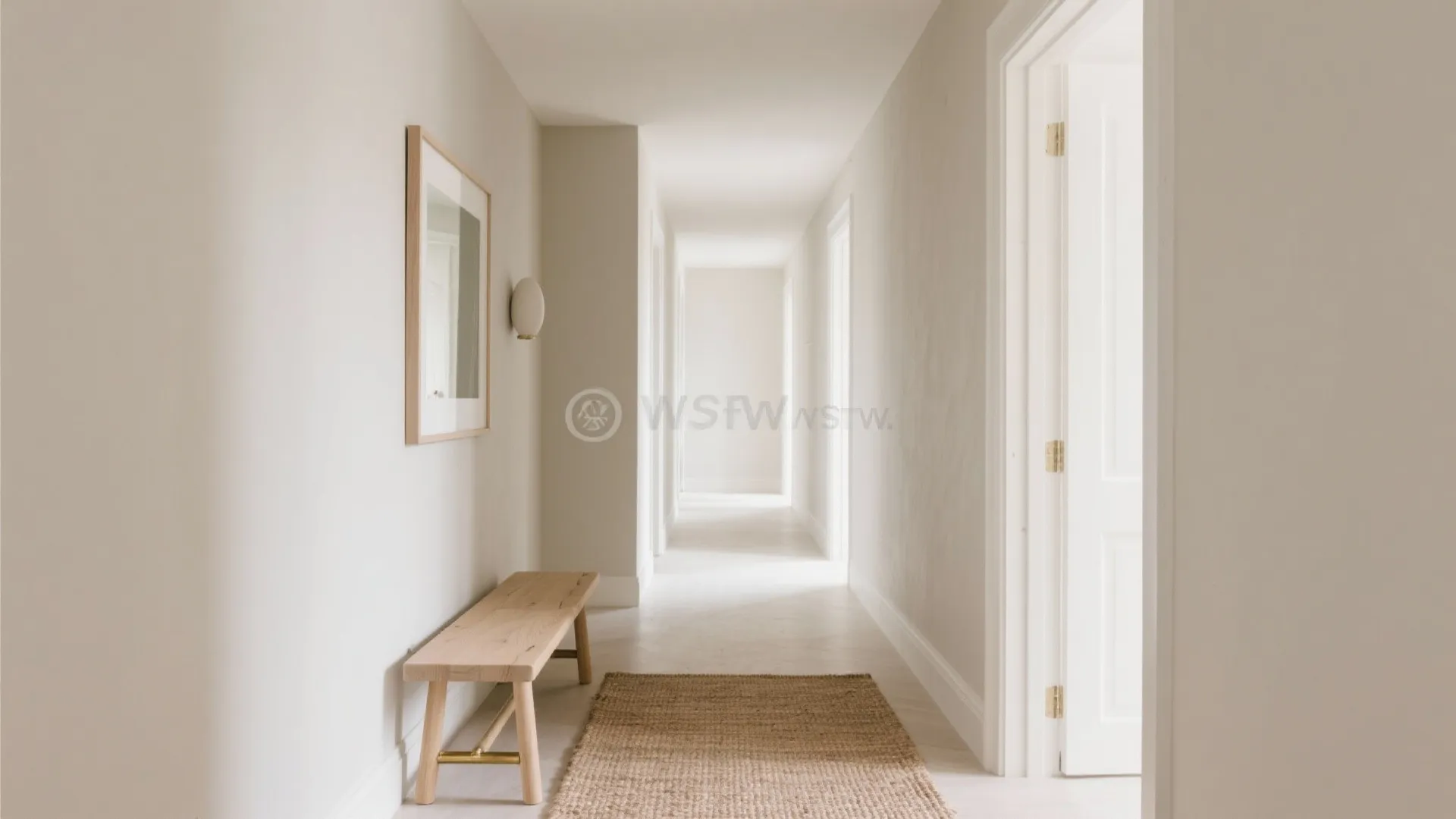 Minimalist white hallway featuring wooden bench small rug wall light and simple framed art on wall