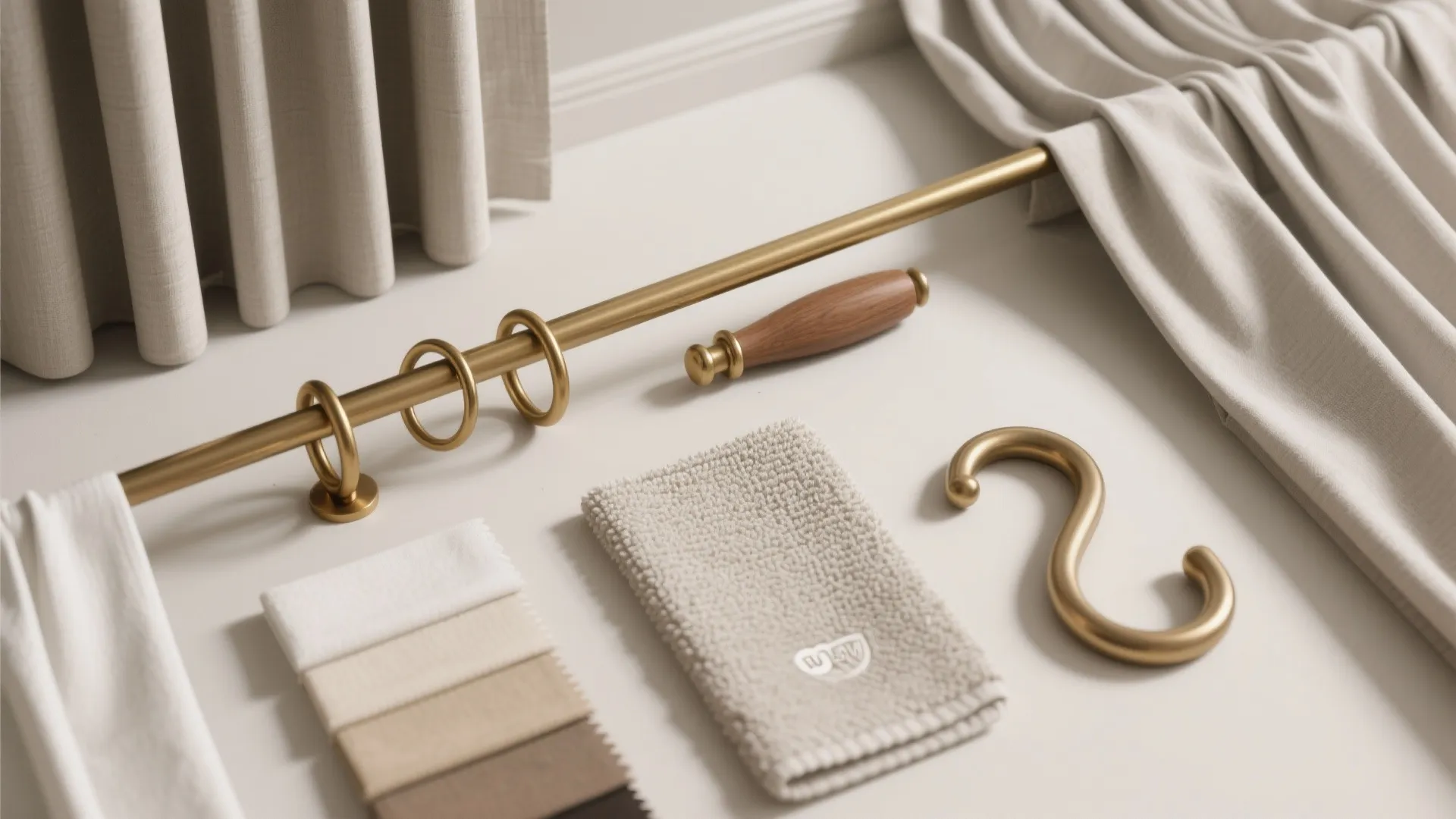 Brass curtain rod and rings shown with fabric samples and a towel on a table