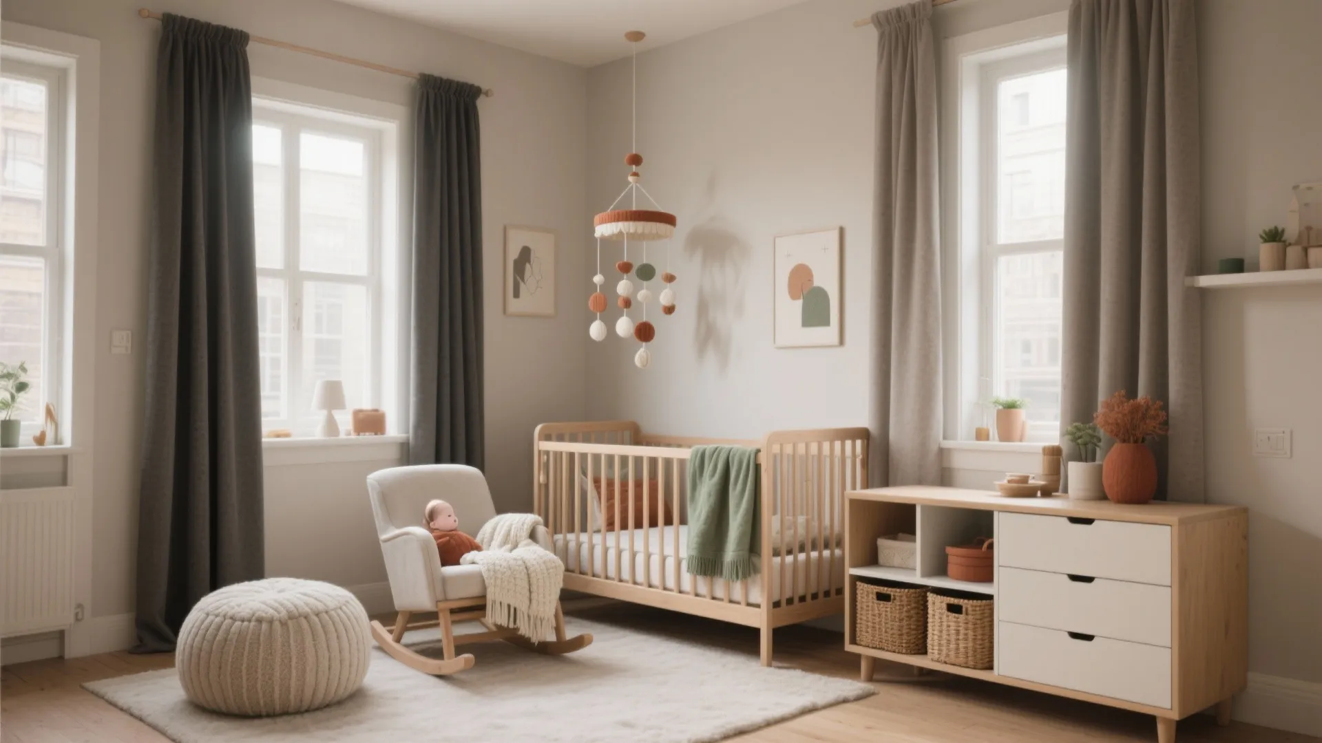 Warm nursery room with wooden crib rocking chair storage cabinet white rug and large windows