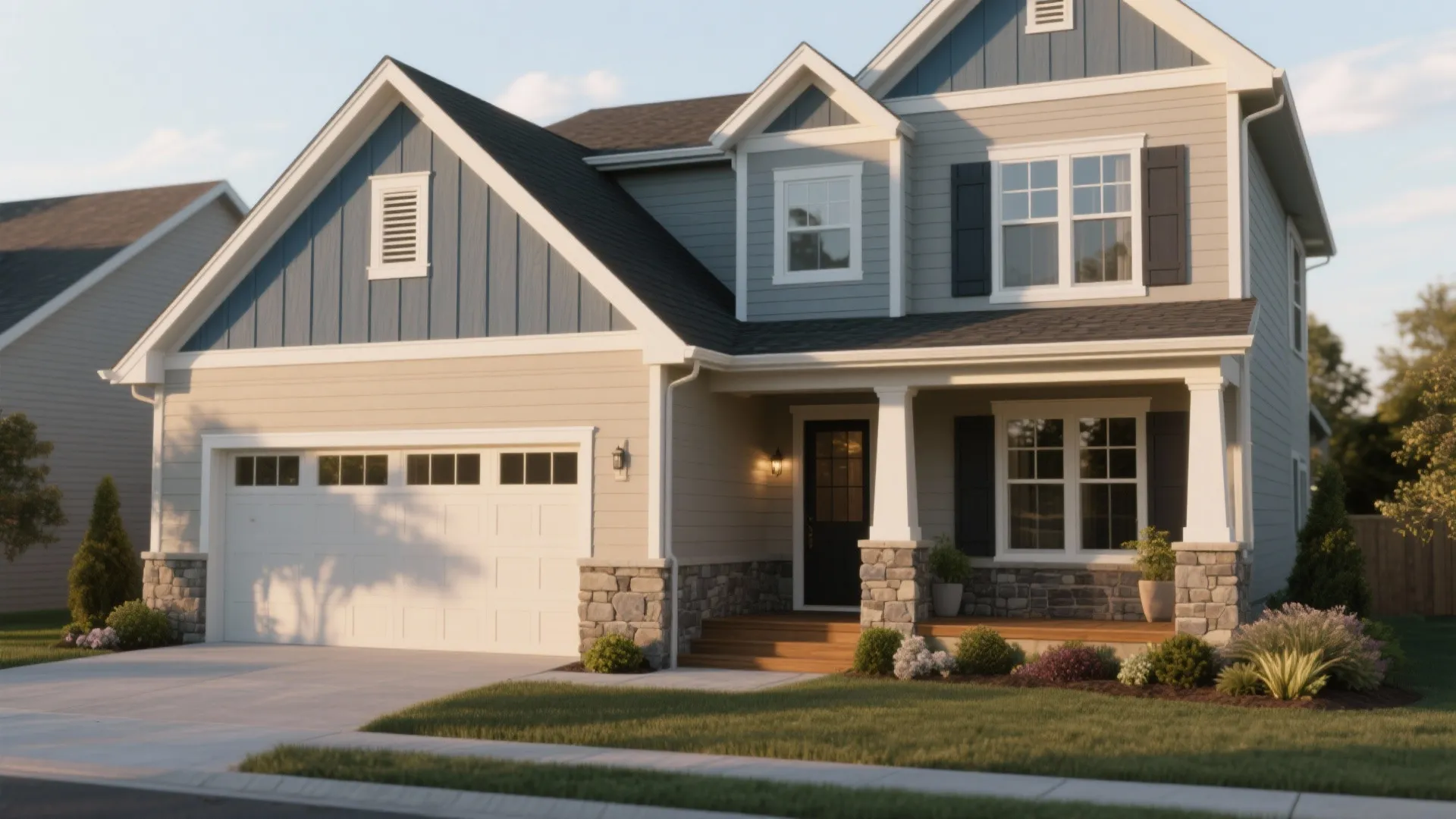 Modern two story suburban house with grey siding white garage door and green grass front lawn