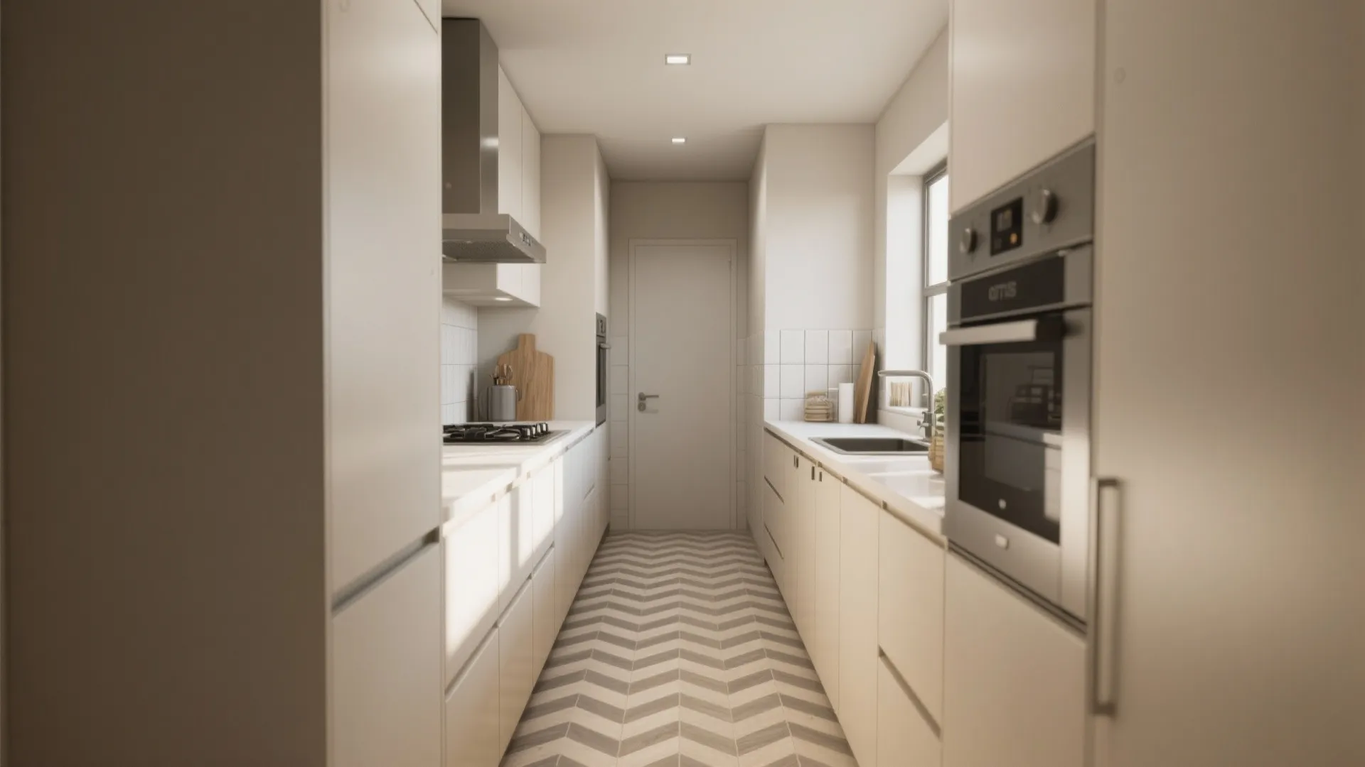 Narrow kitchen with white cabinets brown herringbone pattern floor tiles built-in oven and a closed door